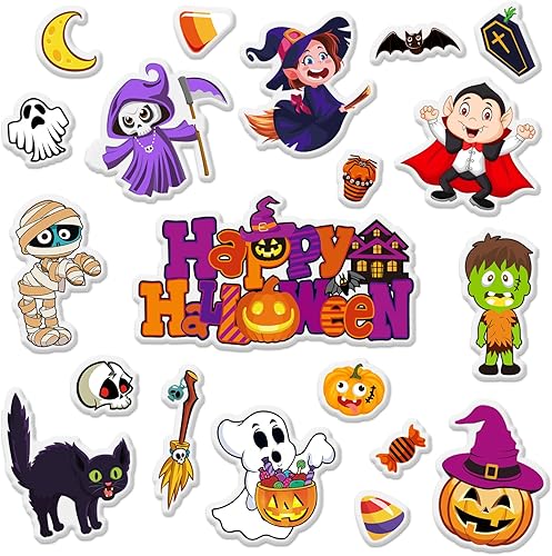 Whaline 40 calcomanías de gel gruesas de Halloween, bruja, gato negro, calabaza, fantasma, calcomanías reutilizables de dibujos animados divertidos