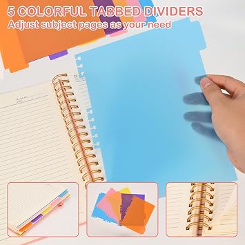 5 Subject Notebook with Removable Dividers Tabs, 300 Pages Leather Hardcover Spiral Notebook College Ruled, 8x10 Large B5 Notebooks for Work School, Lined Journal for Women, Pink