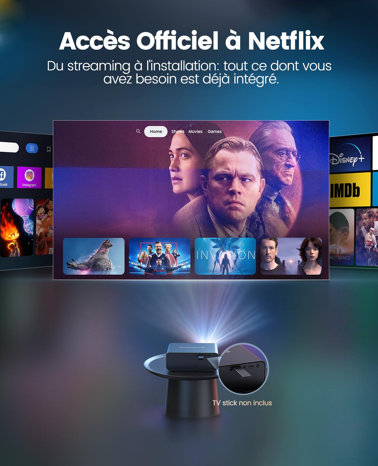 Videoprojecteur 4K 1000ANSI Compatible avec Netflix Dolby Audio Vidéoprojecteur FHD 1080P Auto Focus AutoKeystone Projecteur Video WiFi6 Bluetooth Bidirectionnel HDMI Videoprojecteur Home Cinéma