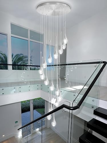 ykolupty Modern Crystal Chandeliers LED Dimmable Stairwell Chandelier Silver Teardrop