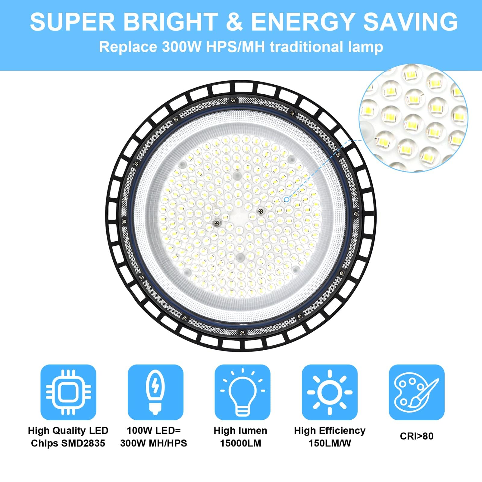 UFO LED High Bay lumière 100W, 15000LM, Projecteur LED Intérieur, Blanc Froid 6000K-6500K, IP65 Étanche Eclairage Atelier, Led Industriel pour Garage/Usine/Atelier/Parkings/Gymnase(100W, 4 Pack)