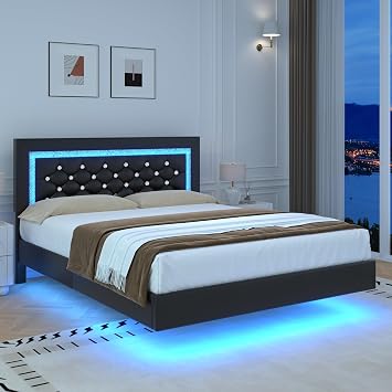 Floating Bed Frame Full with LED Lights and Diamond Tufted Headboard,Black
