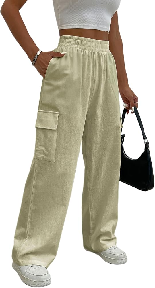 Cargo Linen Pants for Women Summer Wide Leg Palazzo Beach
