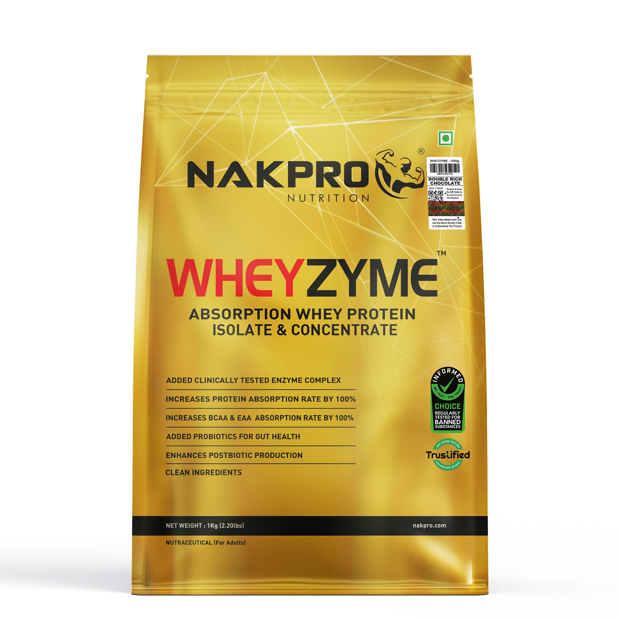 NAKPRO WheyZyme Whey Protein Powder, Isolate & Concentrate | 26g of protein per serving | Clinally Tested 100% Higher Protein Absorptio Informed Choice (1kg, Double Rich Chocolate)