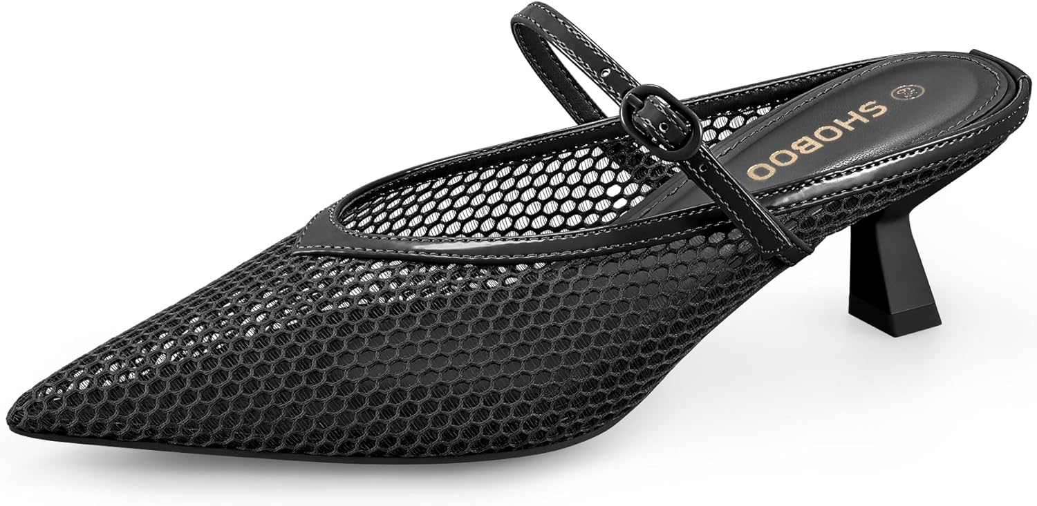 Women's Pointed Toe Kitten Heels Mesh Dress Sandals Slip On Pump Shoes with Strap for Casual Party Office