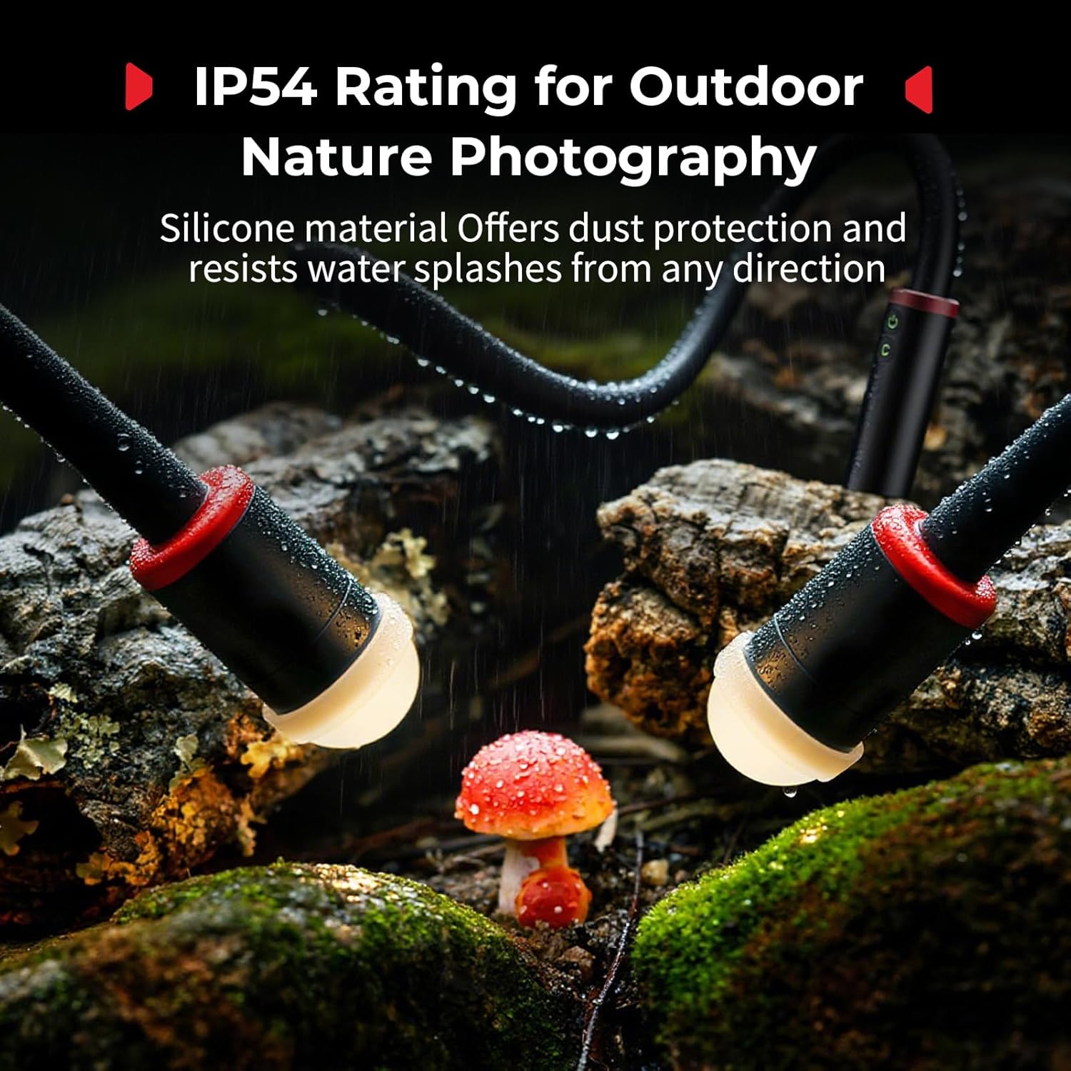 Two SmallRig RM 03 lights illuminating a mushroom in a rainy outdoor environment