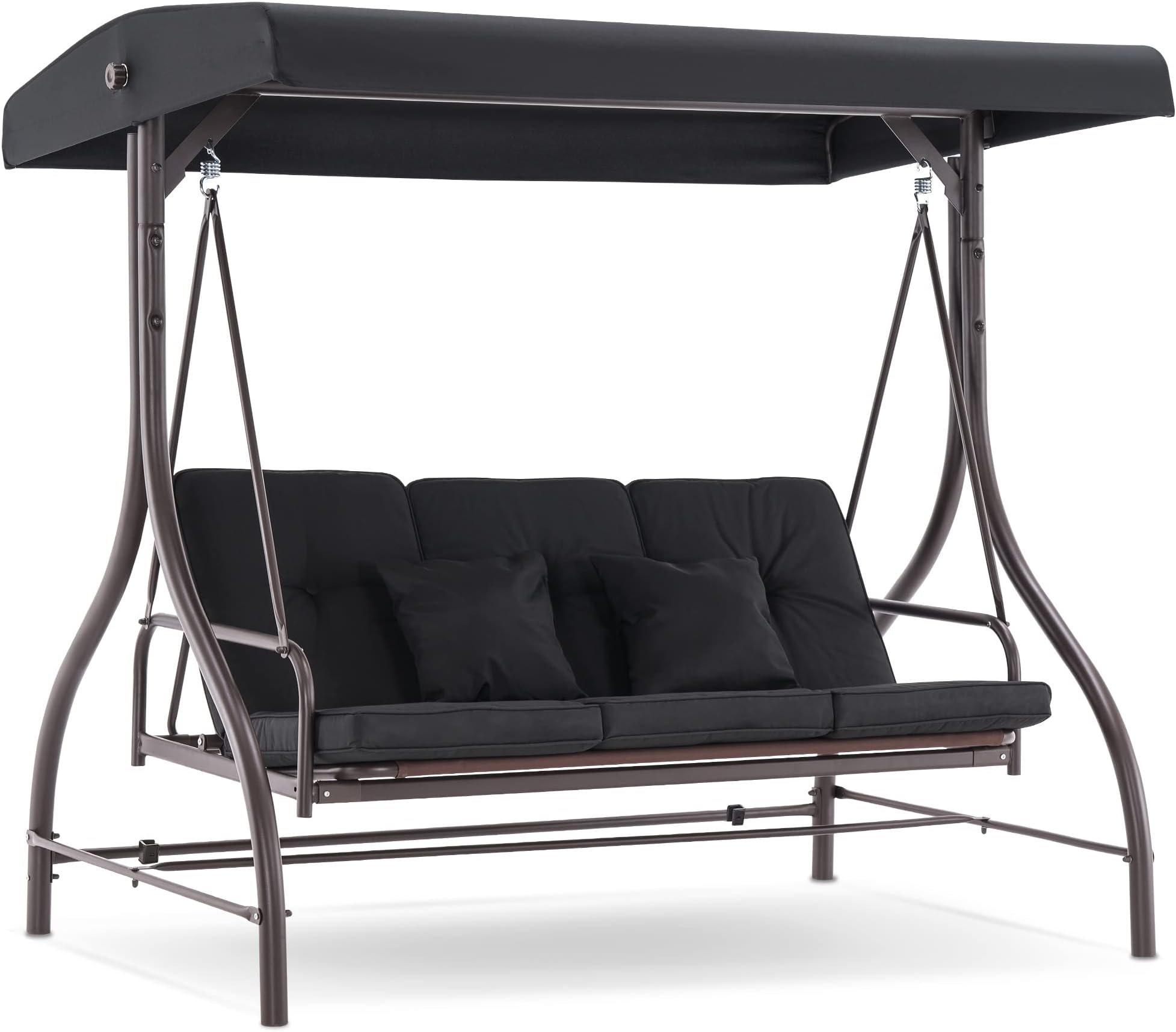 MCombo 3-Seat Outdoor Patio Swing Chair, Adjustable Backrest and Canopy, Porch Swing Glider Chair, w/Cushions and Pillows, 4068 (Black)