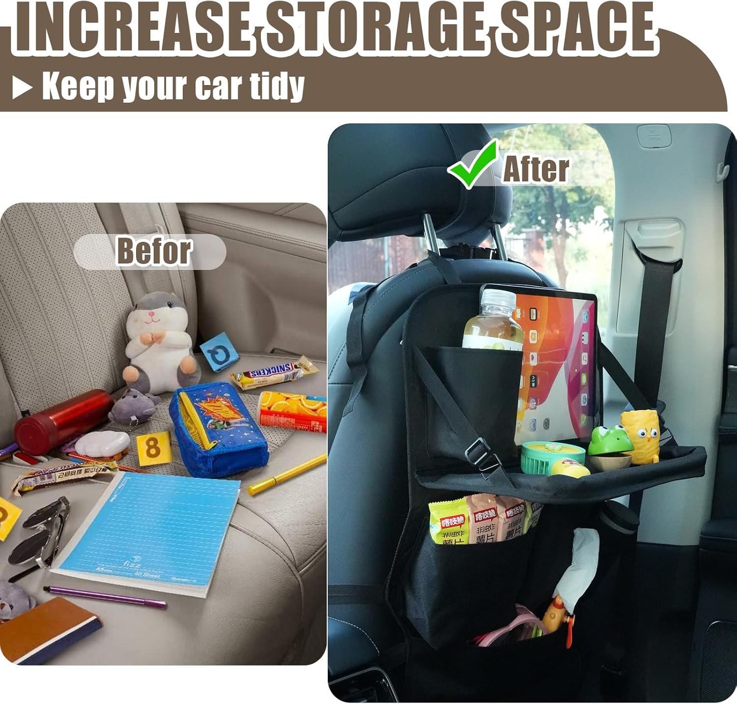 Car Seat Organizers,Multi-functional Back Seat Protectors, Storage Pouches, Child kicking prevention and Tray Holders Kick Mats Back (for Cars, Kids,and Rear Seats) (Black, 2 Pack with Food Tray)