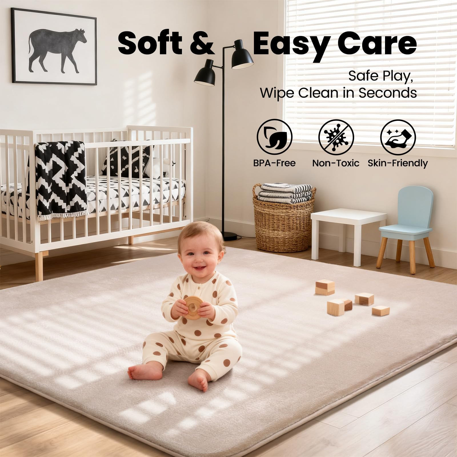 Baby-Spielmatte, 150 x 200 cm, 3 cm dicke Schaumstoff-Spielmatte, ultraweiche Unterstützung und Plüsch-Gefühl, leicht zu reinigen, Baby-Krabbelmatte mit rutschfester Unterseite, Beige