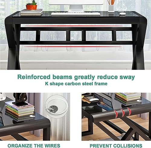 Miniatura 4 de SAMERY Escritorio para computadora, escritorio de oficina en casa, 55.1 pulgadas, moderno y simple, escritorio de vidrio negro, mesa de computadora