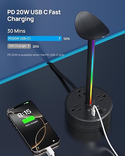 Miniatura 3 de TROND Soporte para auriculares con PD 20W USB C, soporte para auriculares RGB para juegos con 3 salidas de CA, 2 USB-C y 1 USB-A, cable de extensión