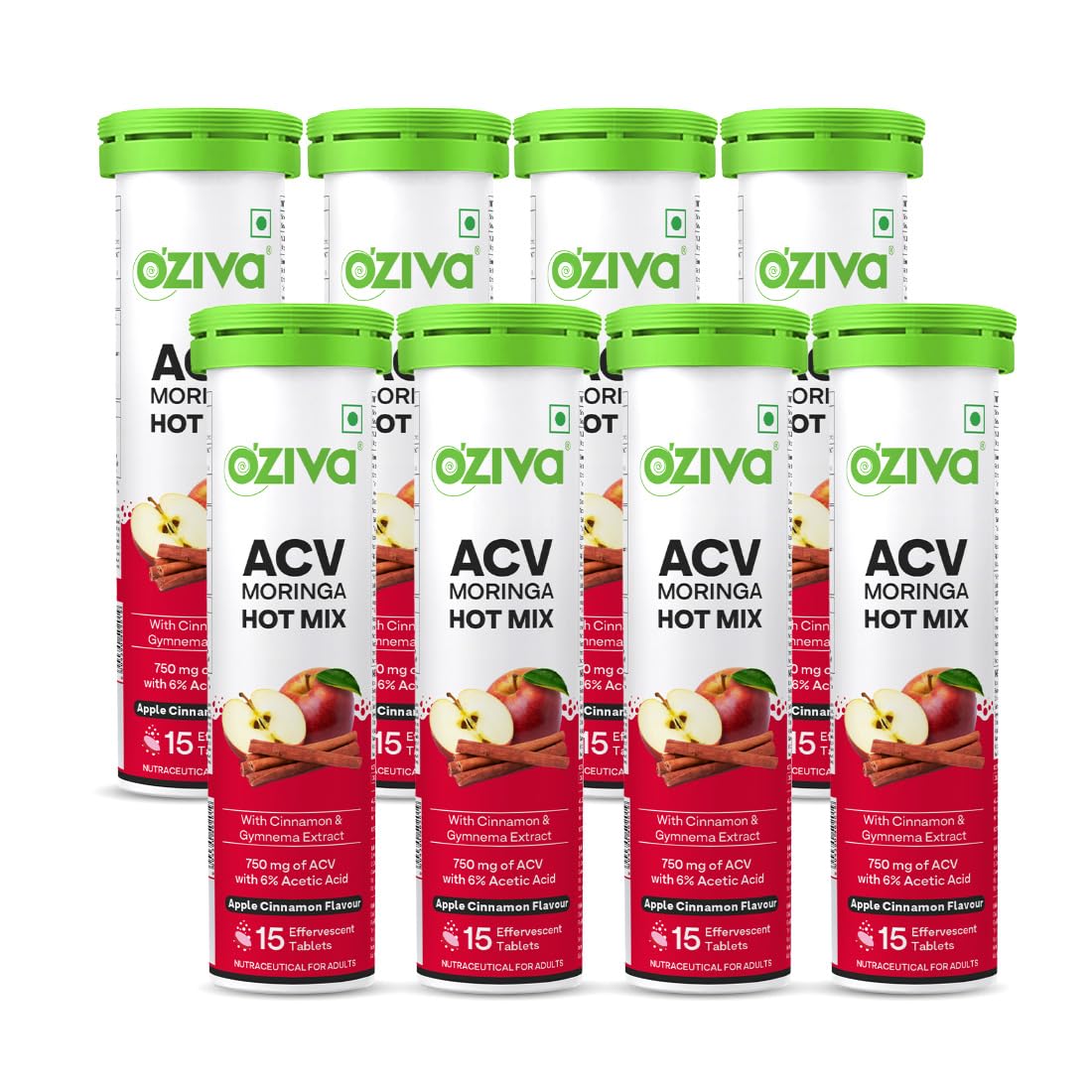 OZiva ACV Moringa Hot Mix | Control Cravings & Boost Metabolism | Apple Cider Vinegar, Gymnema, Cinnamon, Moringa | Apple Cinnamon - 120 Effervscent Tablets. (Pack of 8)