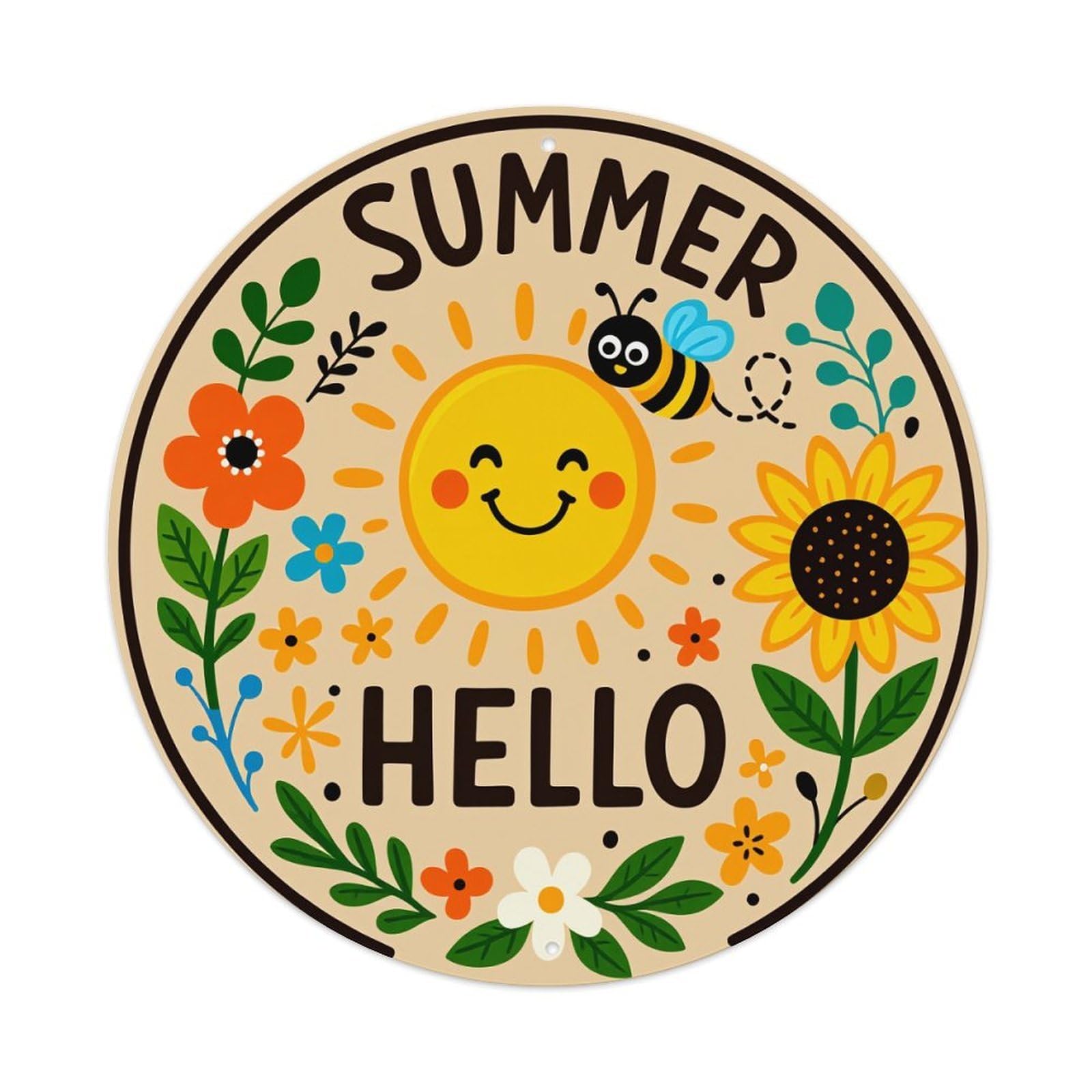 Summer Sun Flowers Bee Hello Round Metal Tin Sign Vintage Wall Decor, Bar Garage Cafe Kitchen Home Wall Art Poster 8x8inches