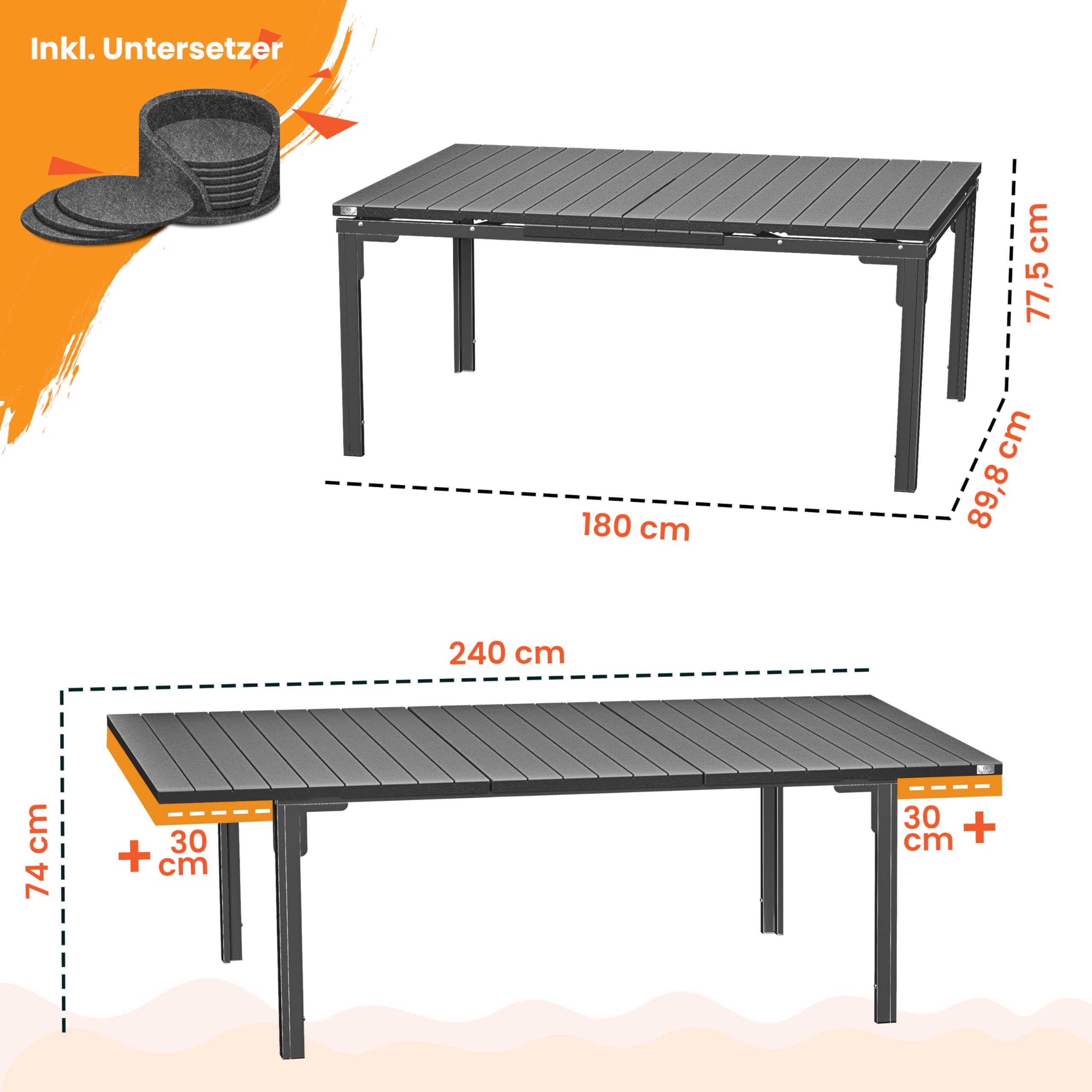 KESSER® Gartentisch ausziehbar Esstisch 180/240x90cm erweiterbar bis 8 Personen Ausziehtisch mit pulverbeschichtetem Stahl-Gestell & HDPE Tischplatte Wetterfest & UV-Beständig inkl. 6 Filz-Untersetzer