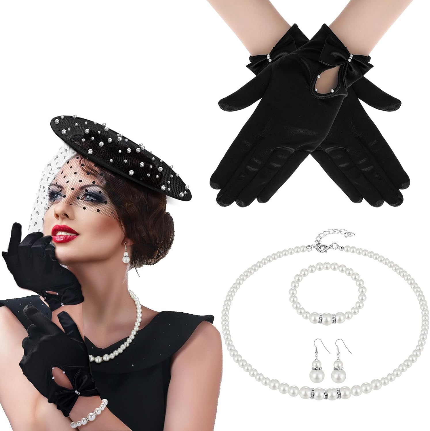 5 Pcs Tea Party Accessories for Women 20s 50s Fascinator Derby Hat Gloves Vintage Cocktail Decoration for Tea Party Wedding Black and White