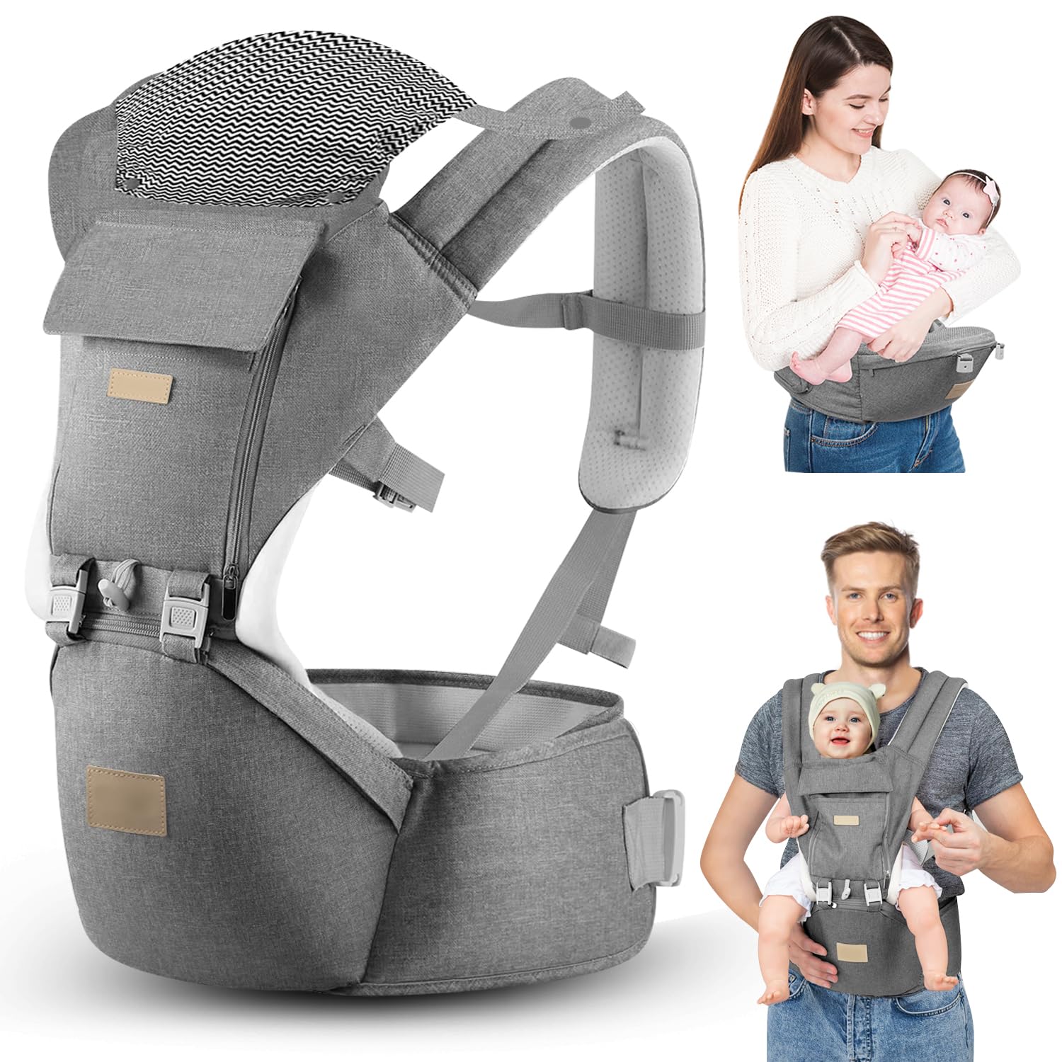 SNOOZYNEST Baby Carrier Newborn to Toddler with Hip Seat, Soft 6-in-1 Ergonomic All Positions Infant Carrier 7-33 Ib with Hood for All Seasion Use for Dad and Mom Grey