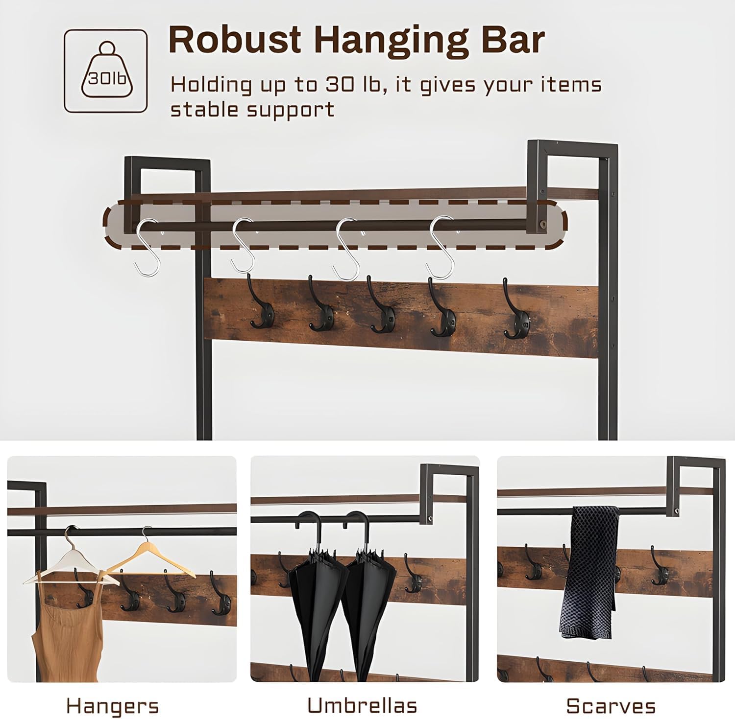 Hall Tree With Bench and Shoe Storage, 5 in 1 Entryway With Coat Rack, 71'' Industrial Wooden Metal Coat Tree With 14 Hooks, Shoe Storage and Wall Rack for Hallway Mudroom Bedroom (Rustic Brown)