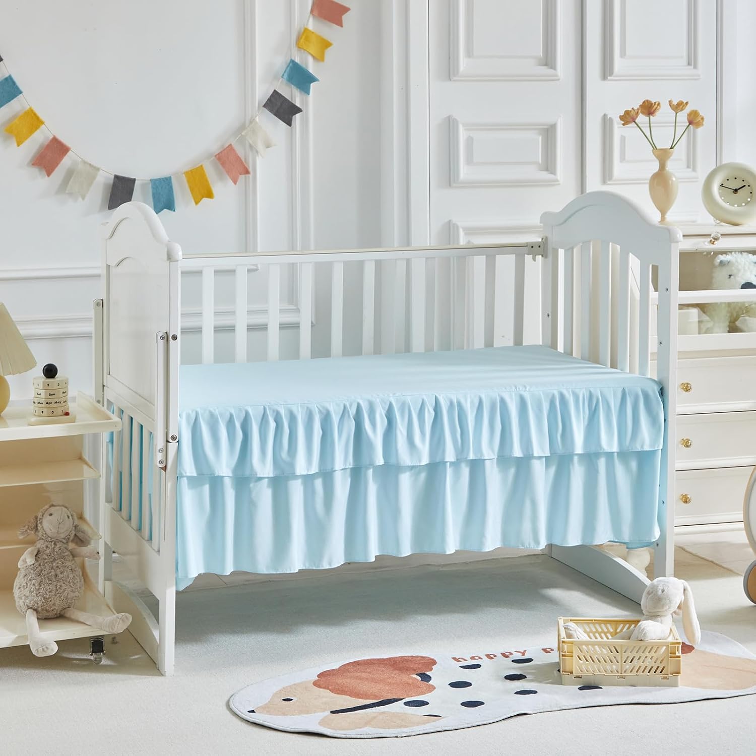 3 Pieces Crib Bedding Set Tufted Dots Jacquard Baby Comforter with Fitted Sheet and Bed Skirt - Cute Embroidery Boho Shabby Chic Bedding Soft Blanket Pom Pom Tufts Crib Bed Set Baby Blue