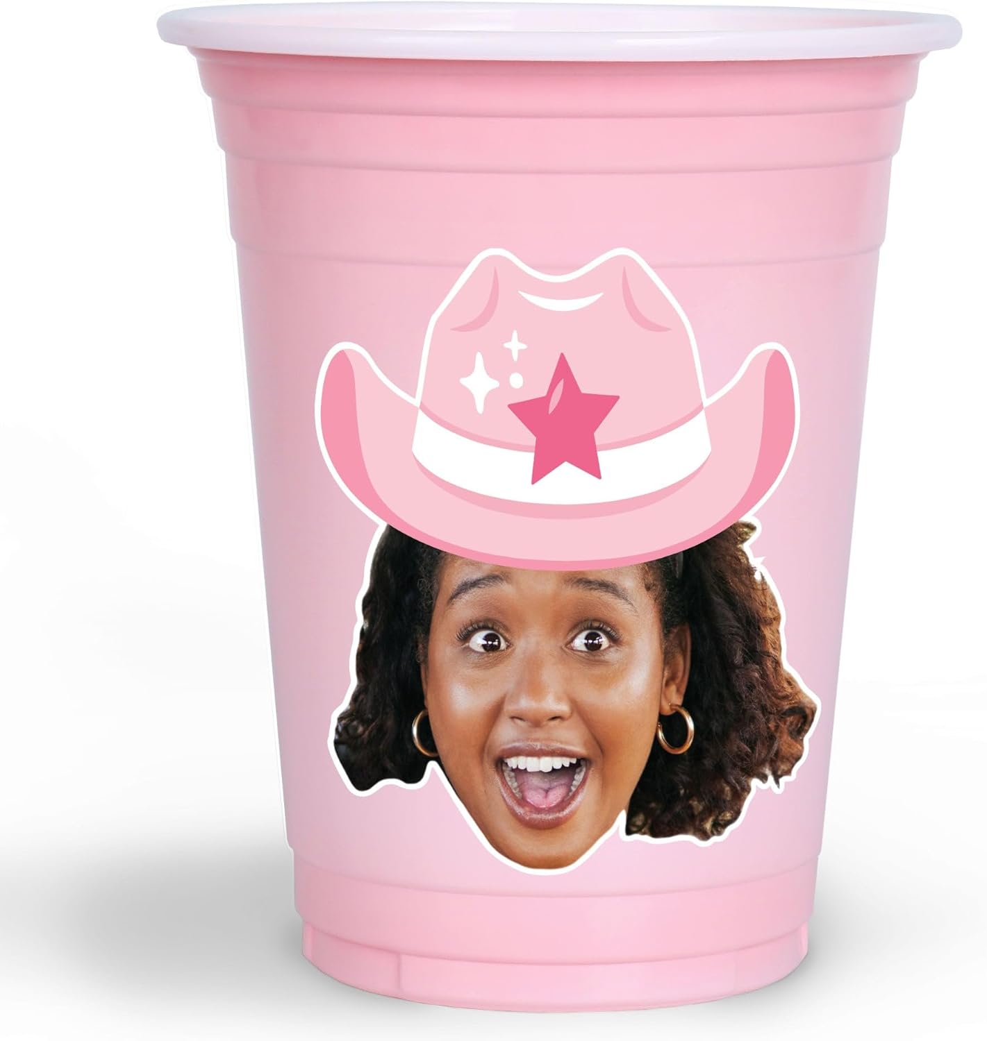 Big Dot of Happiness Custom Rodeo Cowgirl Cups, 16oz Disposable Drinkware, Pink Western Party Table Decor, Custom Party Cups (Pink) & Personalized Photo Face Cutout Stickers - 16 Pack