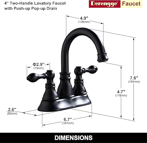 Miniatura 2 de Grifo de lavabo de baño de dos asas, color negro mate de 3 agujeros con drenaje desplegable de desbordamiento, boquilla giratoria 360, grifo de