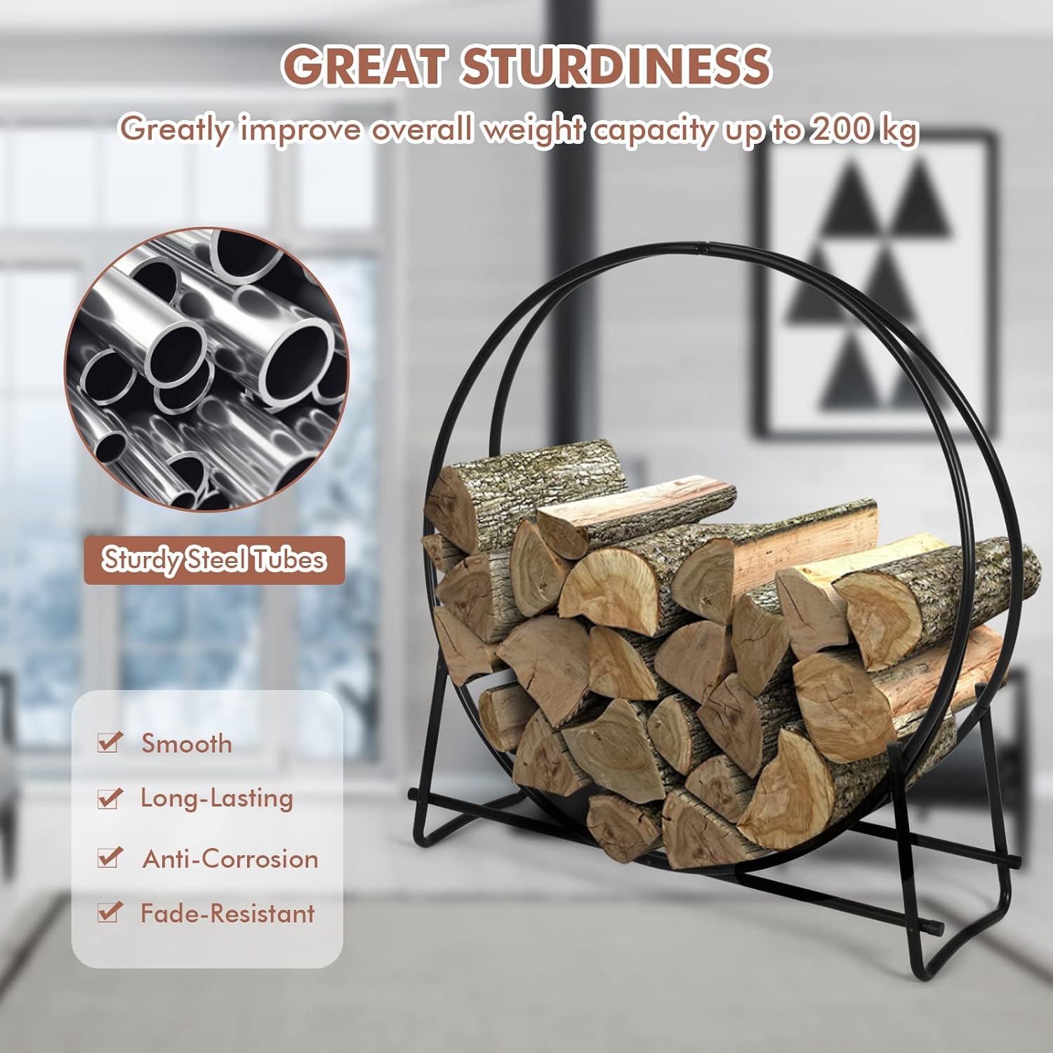 ORALNER 40” Firewood Rack Log Hoop, Round Tubular Steel Firewood Storage Stand Wood Racks for Outdoor Indoor, Wood Stove Fireplace Log Holder Lumber Stacker