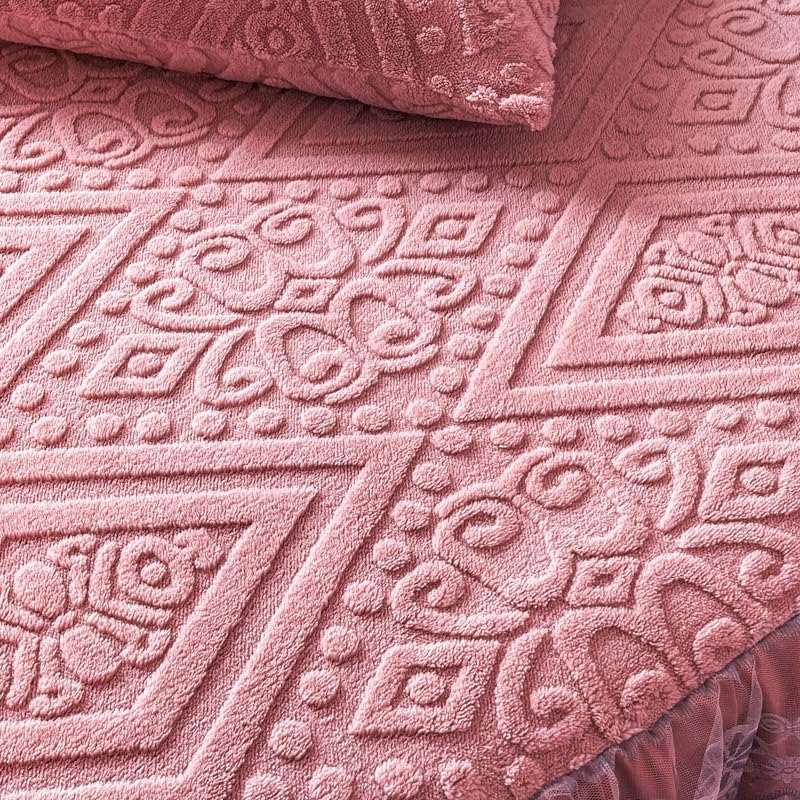 Velvet Quilted Bedspread Set with Embroidered Lace Ruffle - Floral Pattern 3-Piece All-Season Bedding Includes Bed Cover And 2 Pillowcases, Lightweight Breathable Home Decor (rose red,Super King)