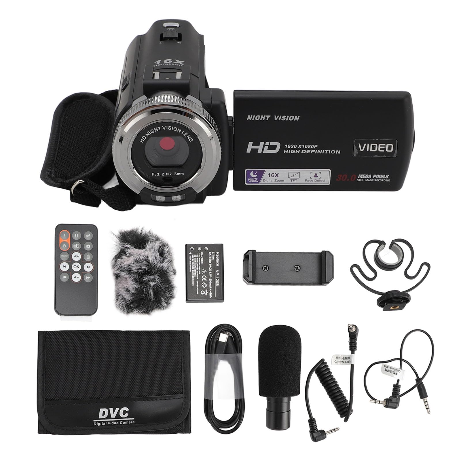 Videocamera, Videocamera Digitale da 30 MP 1080P con Zoom Digitale 16X, Videocamera DV con Microfono, Display LCD a Colori da 3 Pollici, Visione Notturna IR, Funzione Bellezza