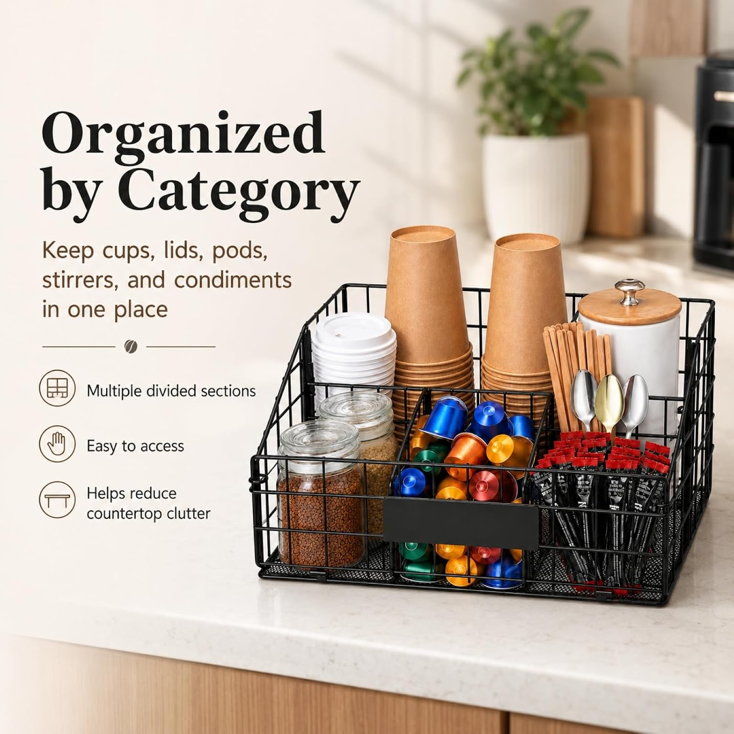 Coffee Station Organizer, Metal Wire Basket for Countertop Bar Setup | Black mesh frame, kitchen nook or breakroom, 5 compartments, open-top access, front label plate, 15.75 x 10.63 x 8.27 in