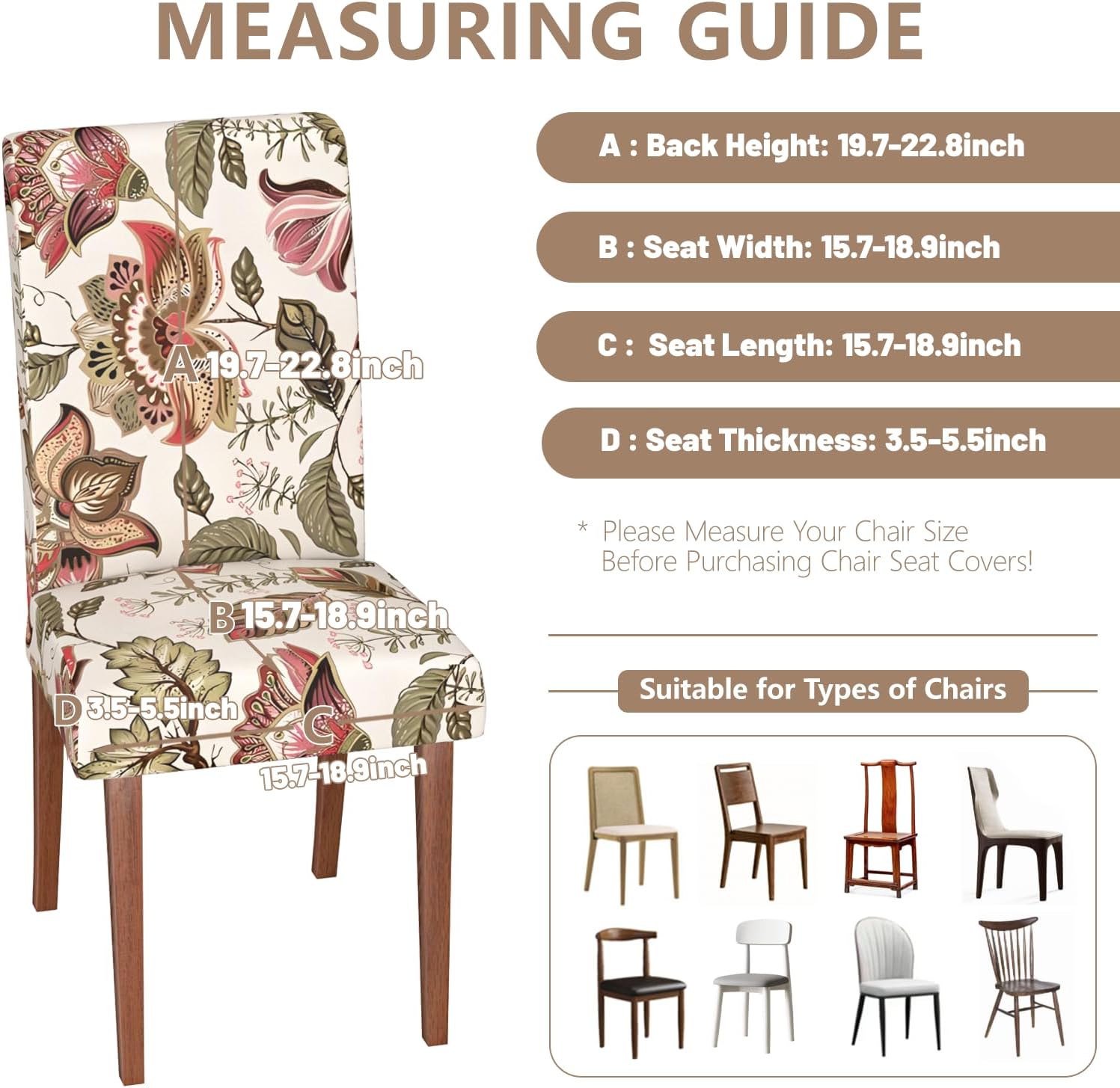 Chair Covers Dining Room Set of 6,Printed Patterned Stretch Non Slip Chair Slipcover Removable Washable Kitchen Chair Protector Cover for Home Hotel Banquet Party Office (White Pink Brown Floral Leaf)