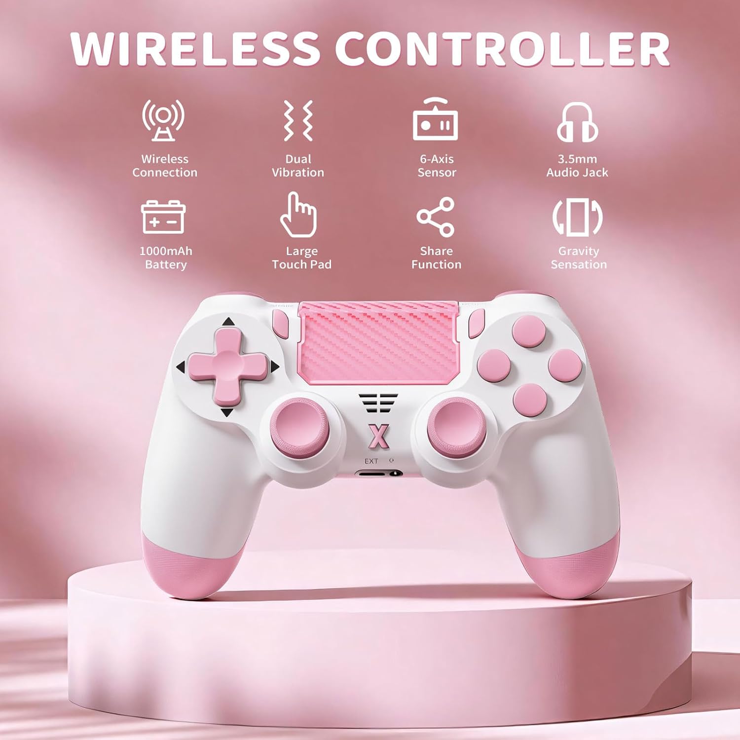 Puiseno Wireless Controller for PS-4, Dual Vibration Game Joystick/Motion Sensing/Touchpad/Speaker/3.5mm Audio Jack Headphone, Upgraded Six-Axis Sensor, Compatible with PS4/Slim/Pro Console/PC (PINK) 3