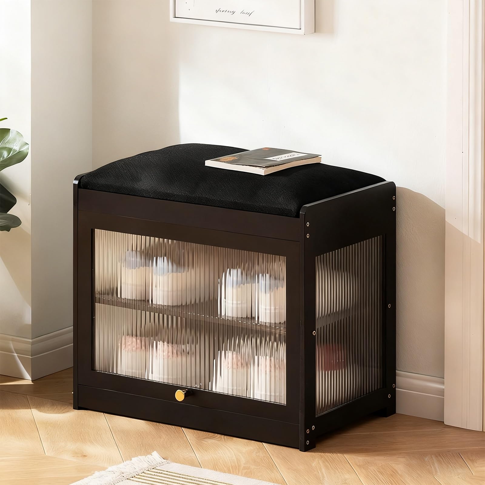 Banc à chaussures noir double couche avec assise rembourrée pour entrée compacte 50cm