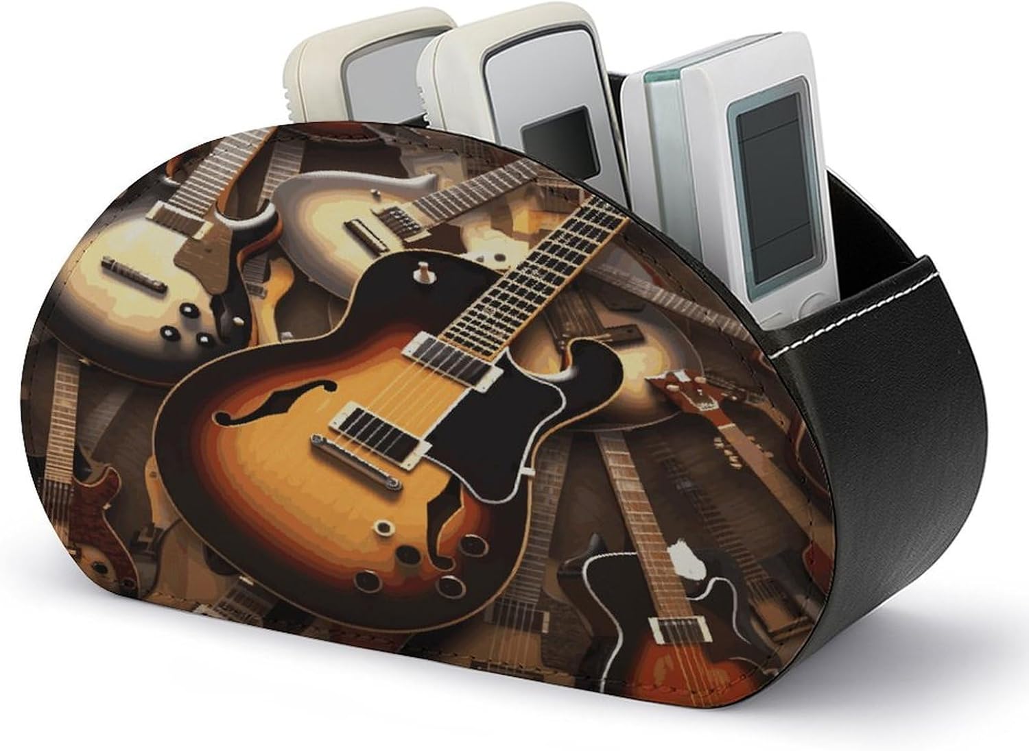 Music Guitar Remote Control Holder with 5 Compartments PU Leather Remote Caddy TV Remoter Caddy Storage Box/Tray Space Saver for Bedside Table/Office Desk