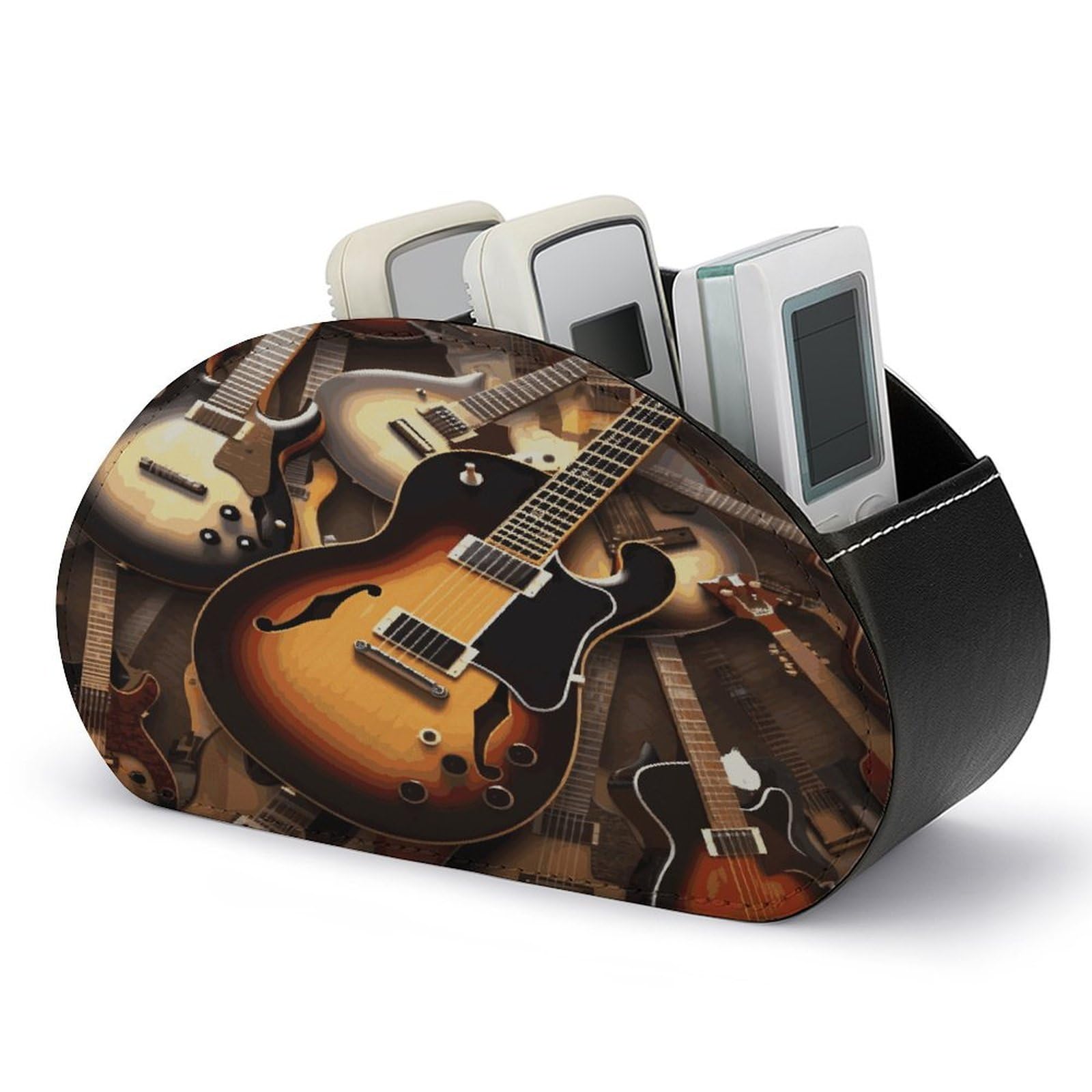 LDGSUPH Music Guitar Remote Control Holder with 5 Compartments PU Leather TV Remote Caddy Storage Box Multi-functional Desk Storage Organizer Box Anti-slip Desktop Caddy