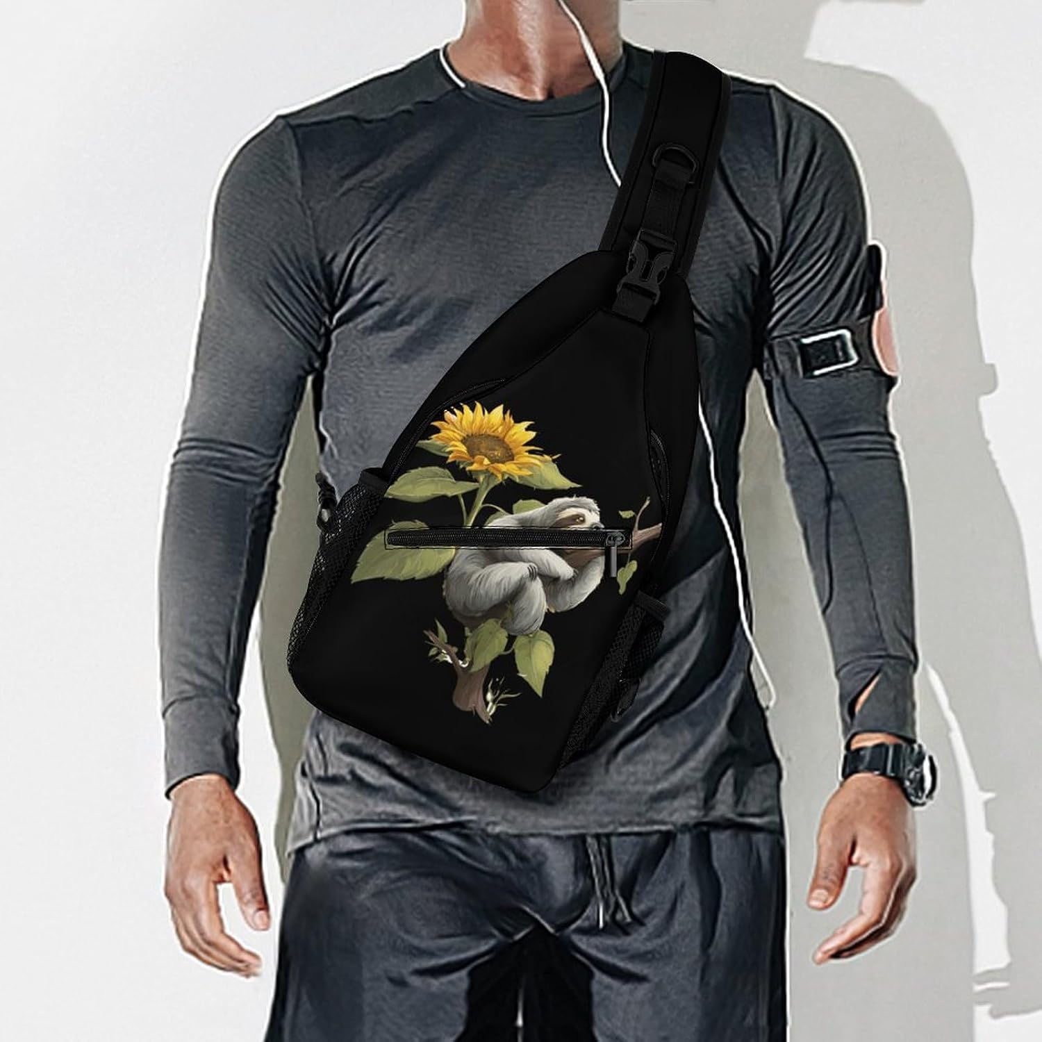 Cute Sloth Sunflower Men Crossbody Sling Backpack Chest Bag | Travel Fanny Pack,Hiking Daypack,Print Shoulder Bags