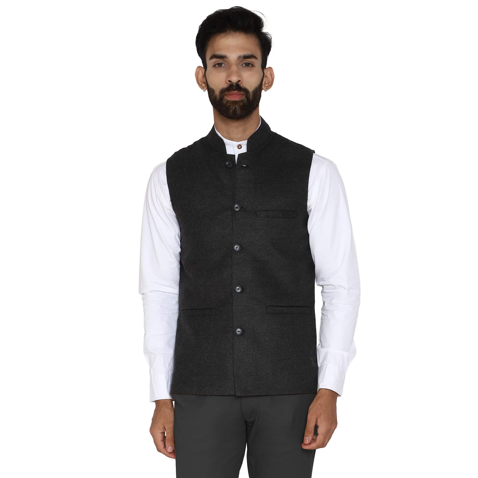 essentiele Men's Solid Grey Tweed Bandhgala Ethnic Nehru Jacket-picture-33
