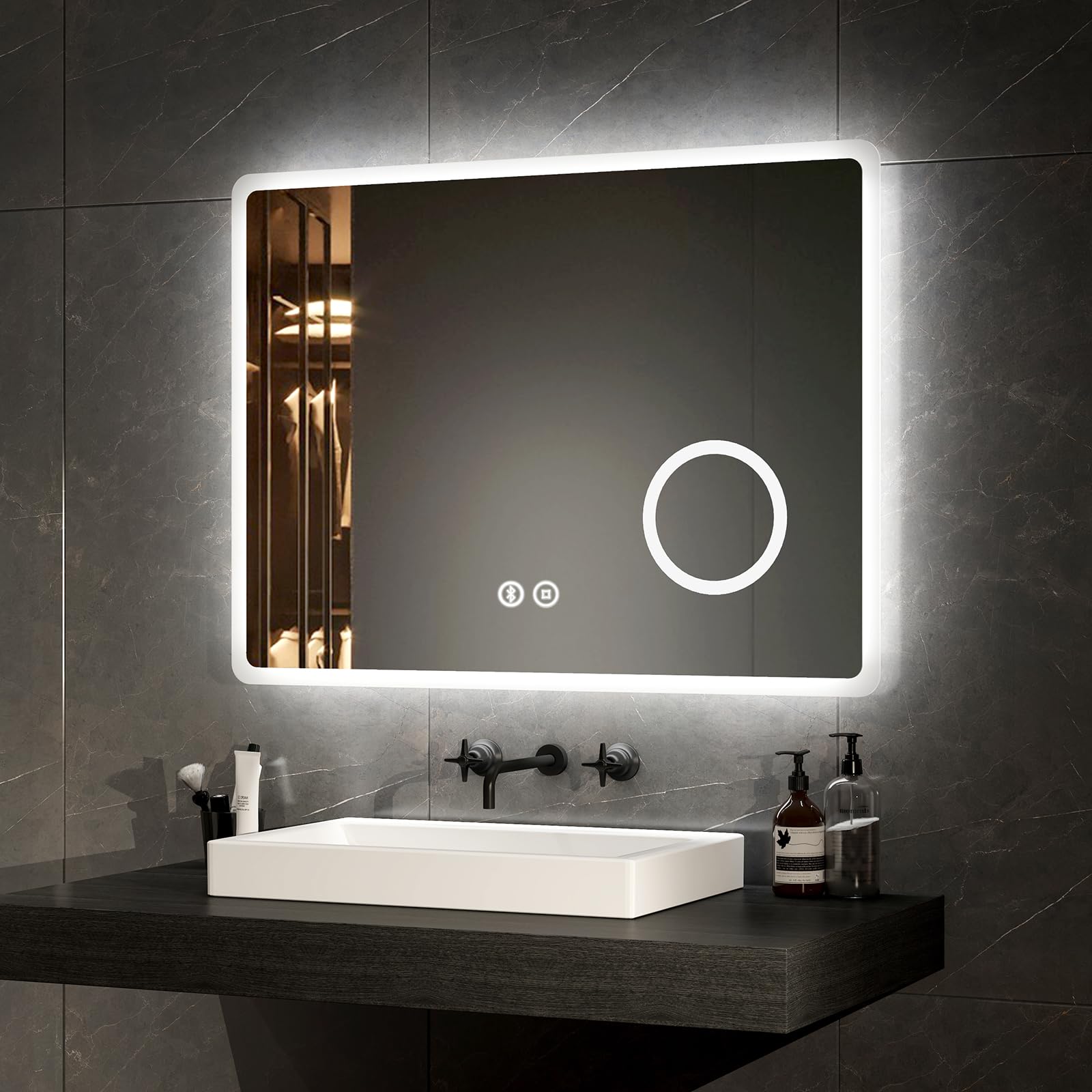 Emke 3X Magnifier + Bluetooth Speaker + Shaver Socket + Demister Pad Led Bathroom Mirror With Shaver Socket 800X600mm, Bluetooth Bathroom Mirror With Lights, Backlit Wall Mounted Led Mirror With 3X Magnifier, Bluetooth Speaker, Horizontal, Ip44