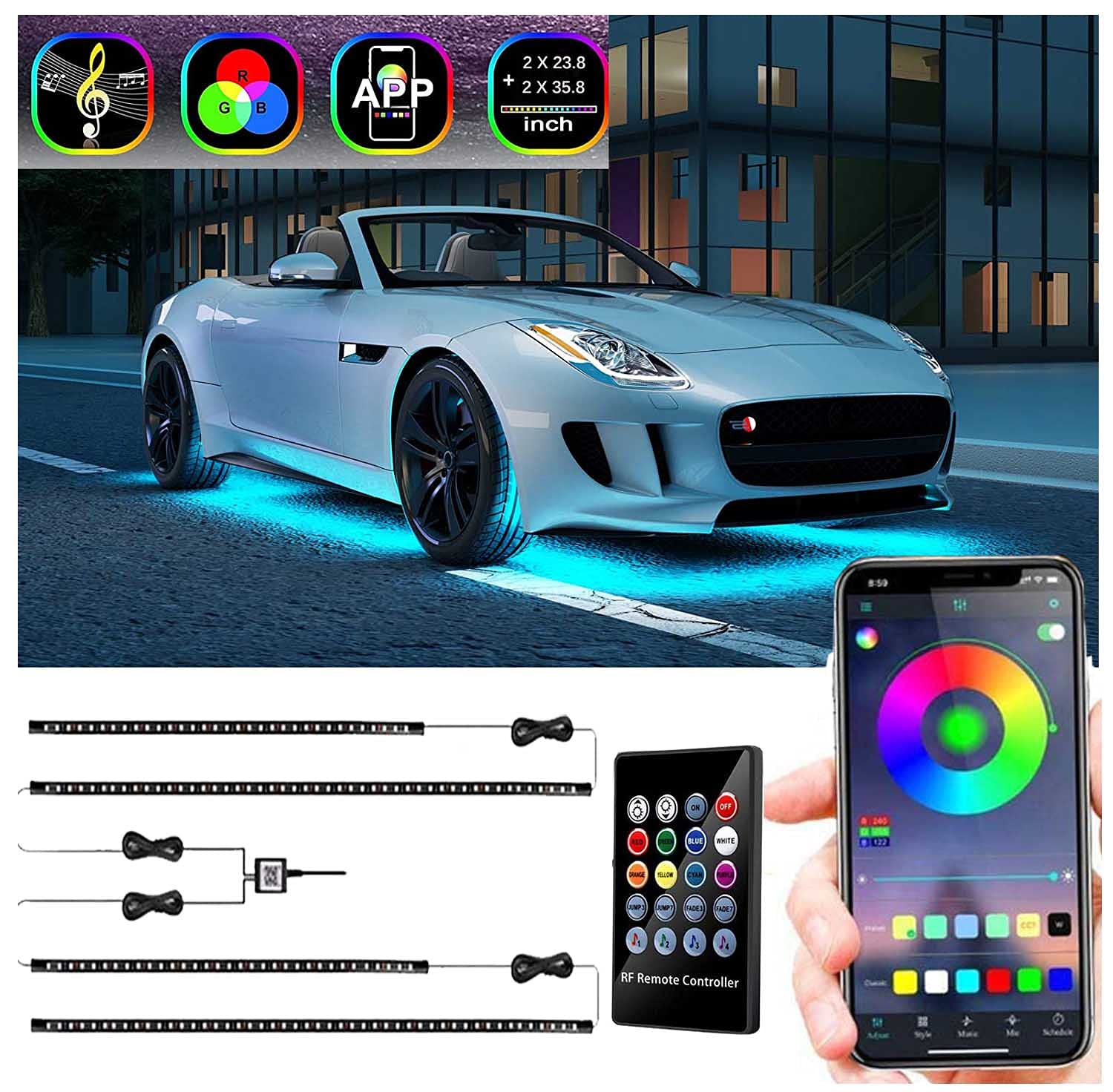 Car Underglow Lights, RGB Car Led Lights Exterior Automotive Neon Accent Light Kits with App and Remote Control for SUVs, Trucks