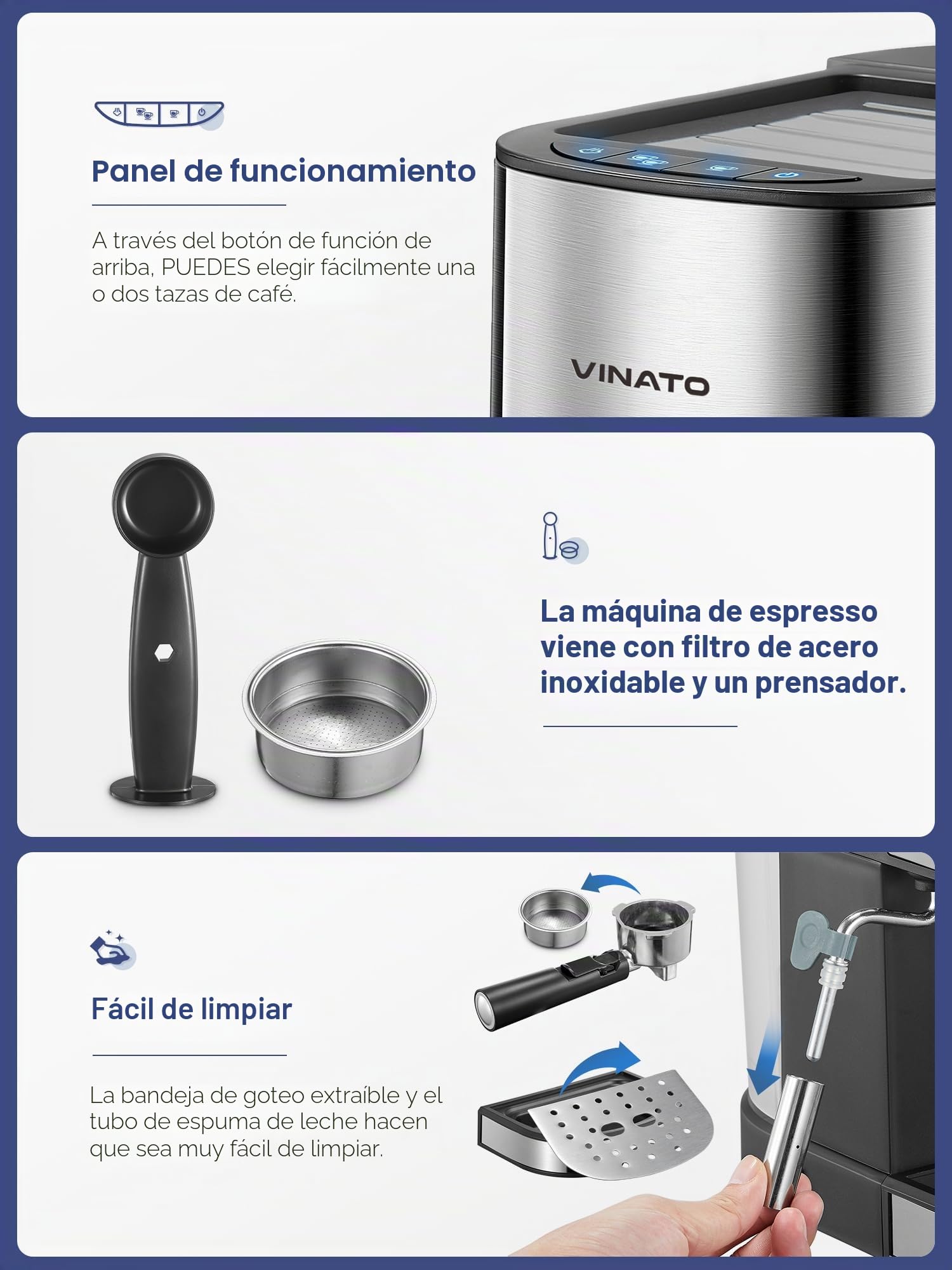 VINATO Cafetera Espresso 15 Bar, Cafetera Espresso con Espumador de Leche Profesional, Pequeña Cafetera Espresso para Cappuccino, Latte & Macchiato