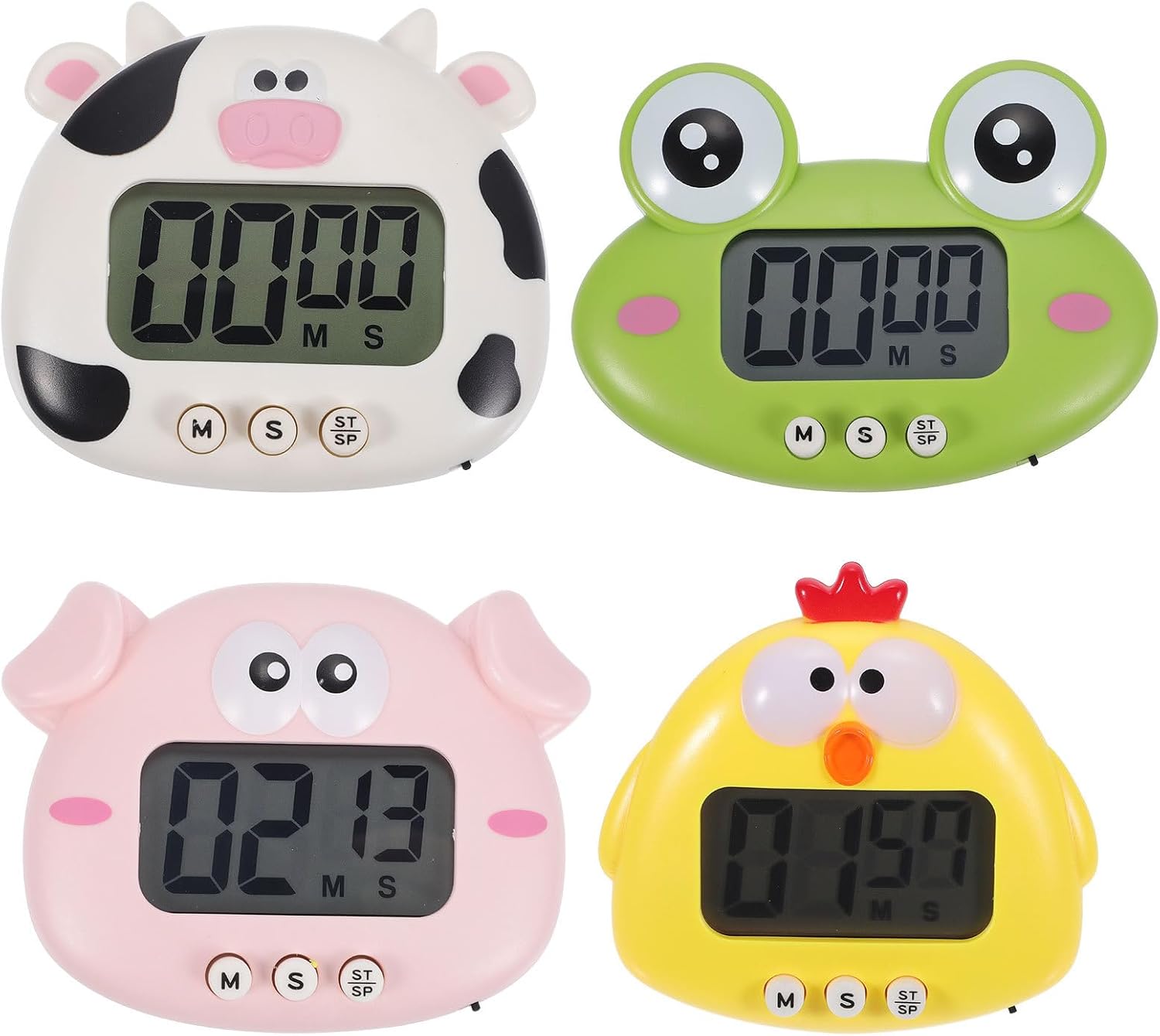 4pcs Cute Cartoon Animal Kitchen Timer, Compact Desktop Study and Cooking Timer Set with Loud Alarm for Classroom, Baking, and Time Management (Yellow Chick, Green Frog, White Pig,