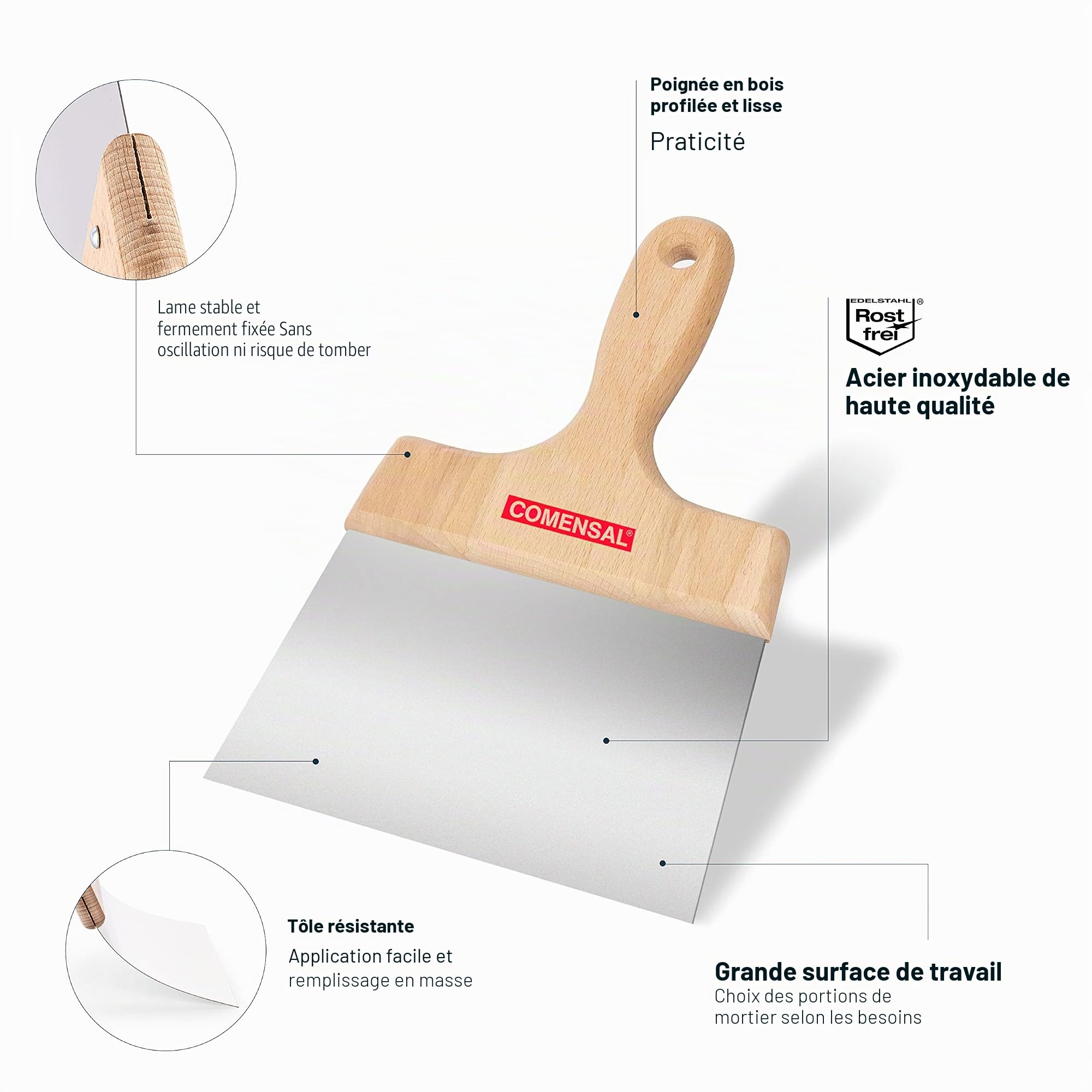 COMENSAL® Ensemble de 7 pcs - Couteau à Enduit 200/240- Bac à Enduit Inox - Spatule Enduit 150 - Éponge de Ponçage 3 pcs - Anticorrosion - Made in EU