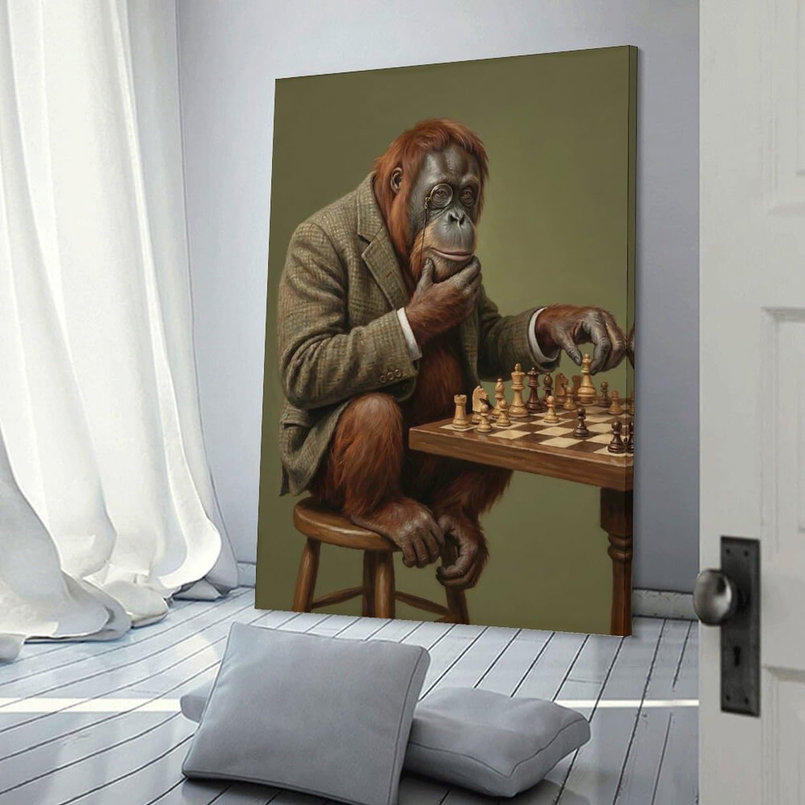 Junmoney Frame-Style-6-1 Orangutan Chess Player Decorative Wall Artwork, 20X30inch(50X75cm), For Work Areas, Reading Rooms Or Studios, Wall Art That Adds Style To Work Areas