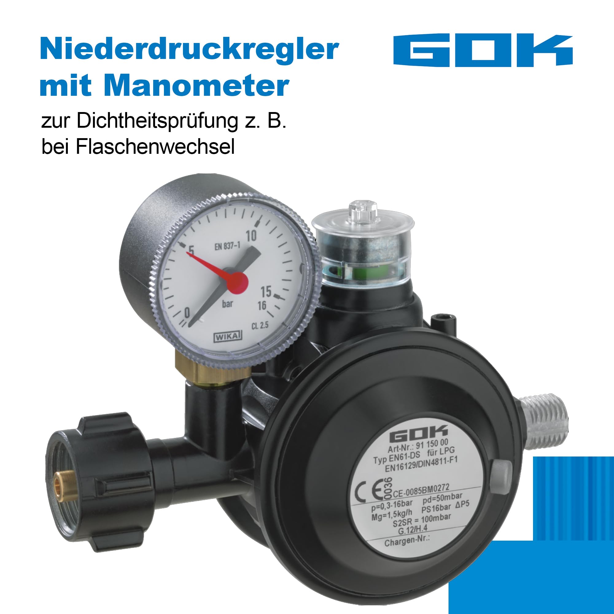 GOK Gasdruckregler EN61-DS PRO 1,5kg/h, schwarz, mit Manometer
