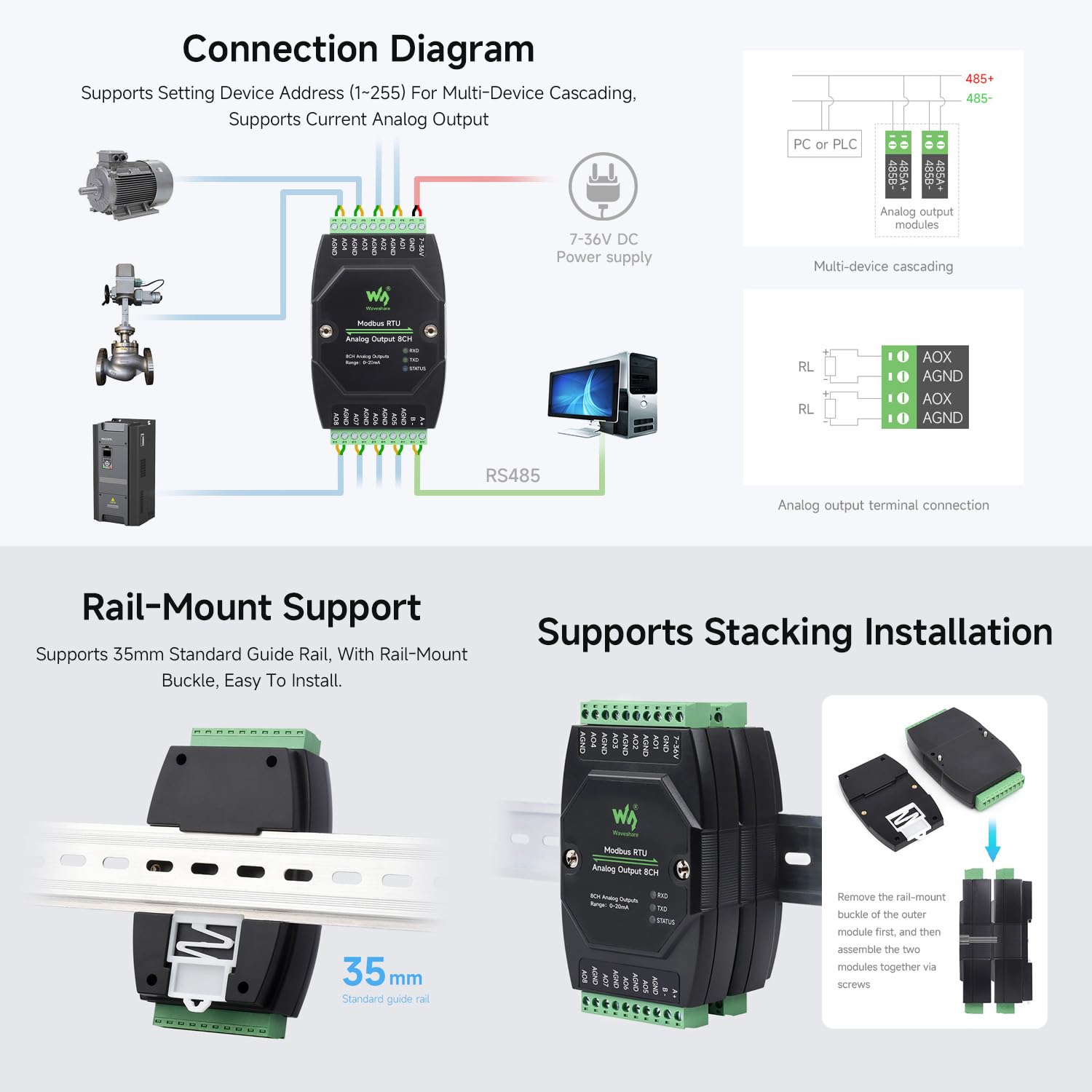 Waveshare Industrial 8-Ch Analog Output Module, 12-Bit DA Conversion, Supports 8-Ch Simultaneous Current Output, DC 7~36V Wide Voltage Power Supply, Modbus RTU Protocol, Rail-Mount Support