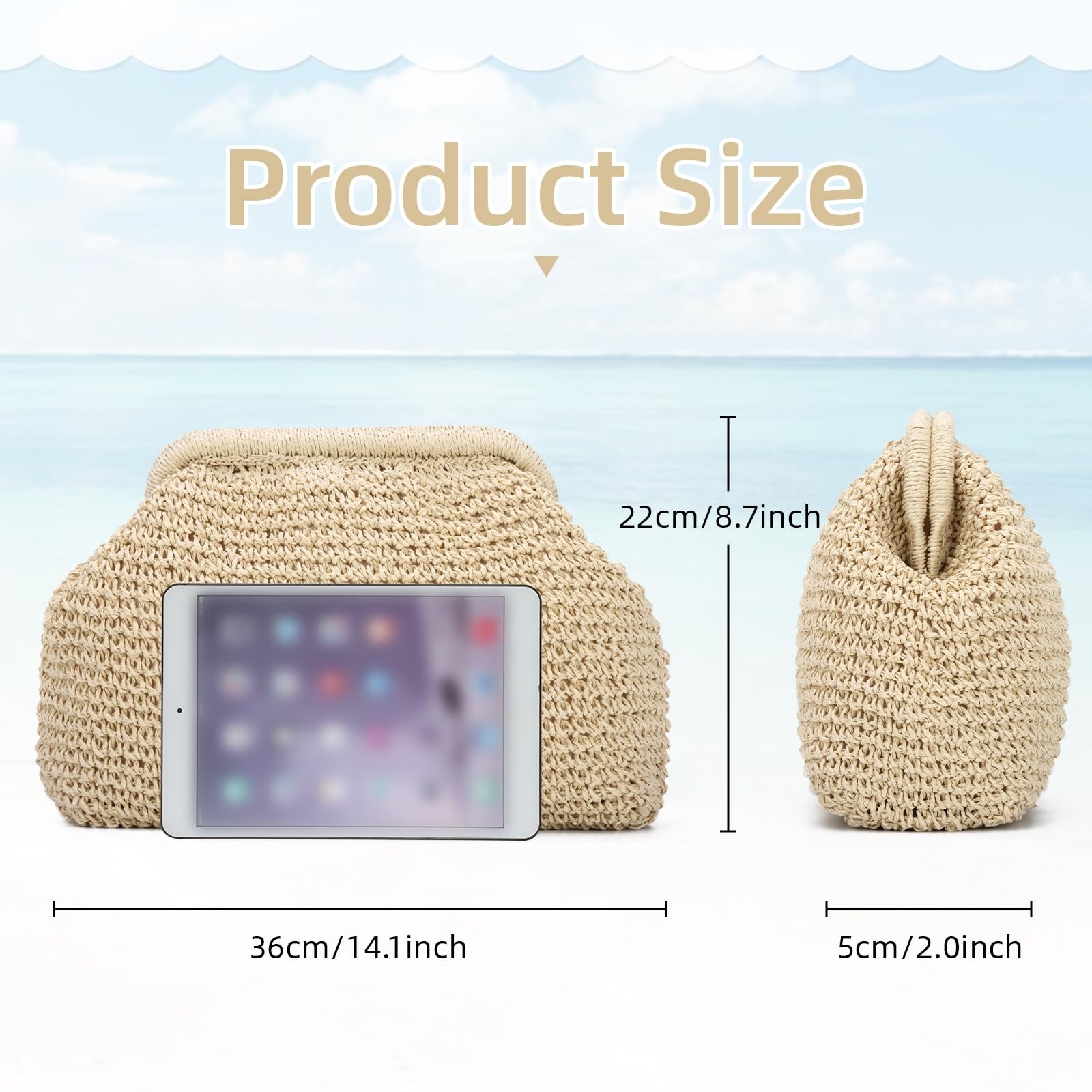 Borsa della frizione della paglia per le donne, Cloud Dumpling Pouch Borsa della spiaggia di estate