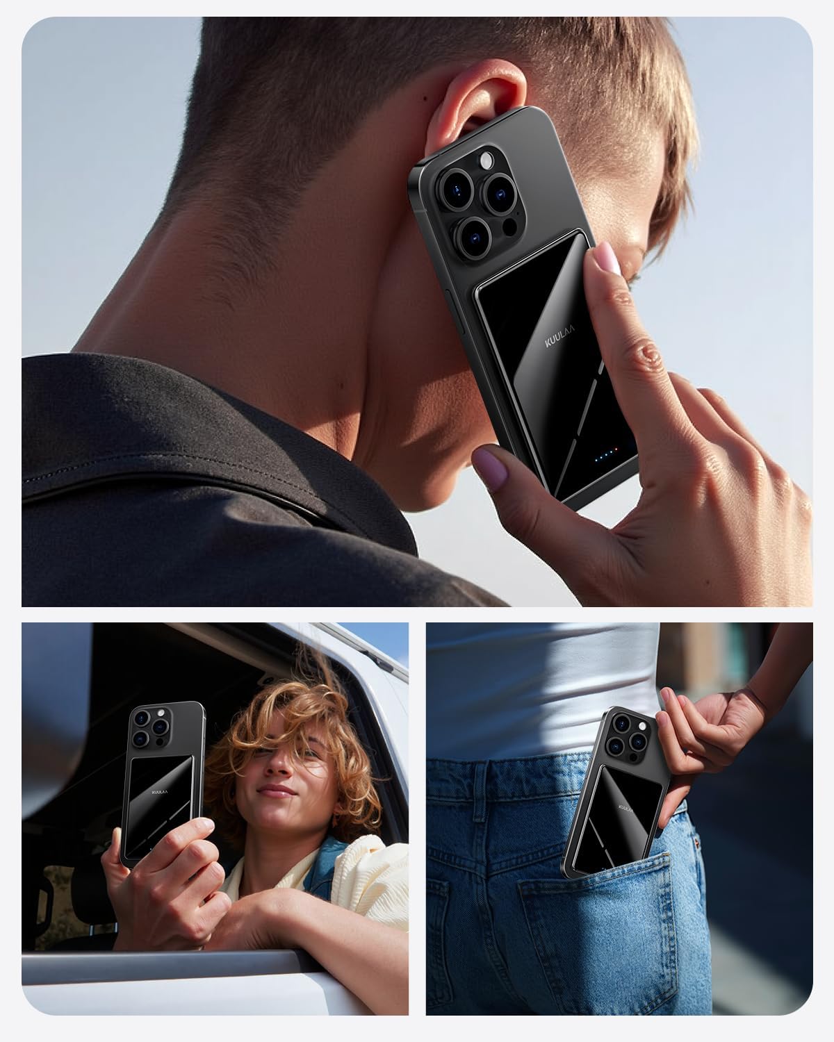 Person using the Kuulaa Magsafe Battery Pack attached to an iPhone, showing its convenient use