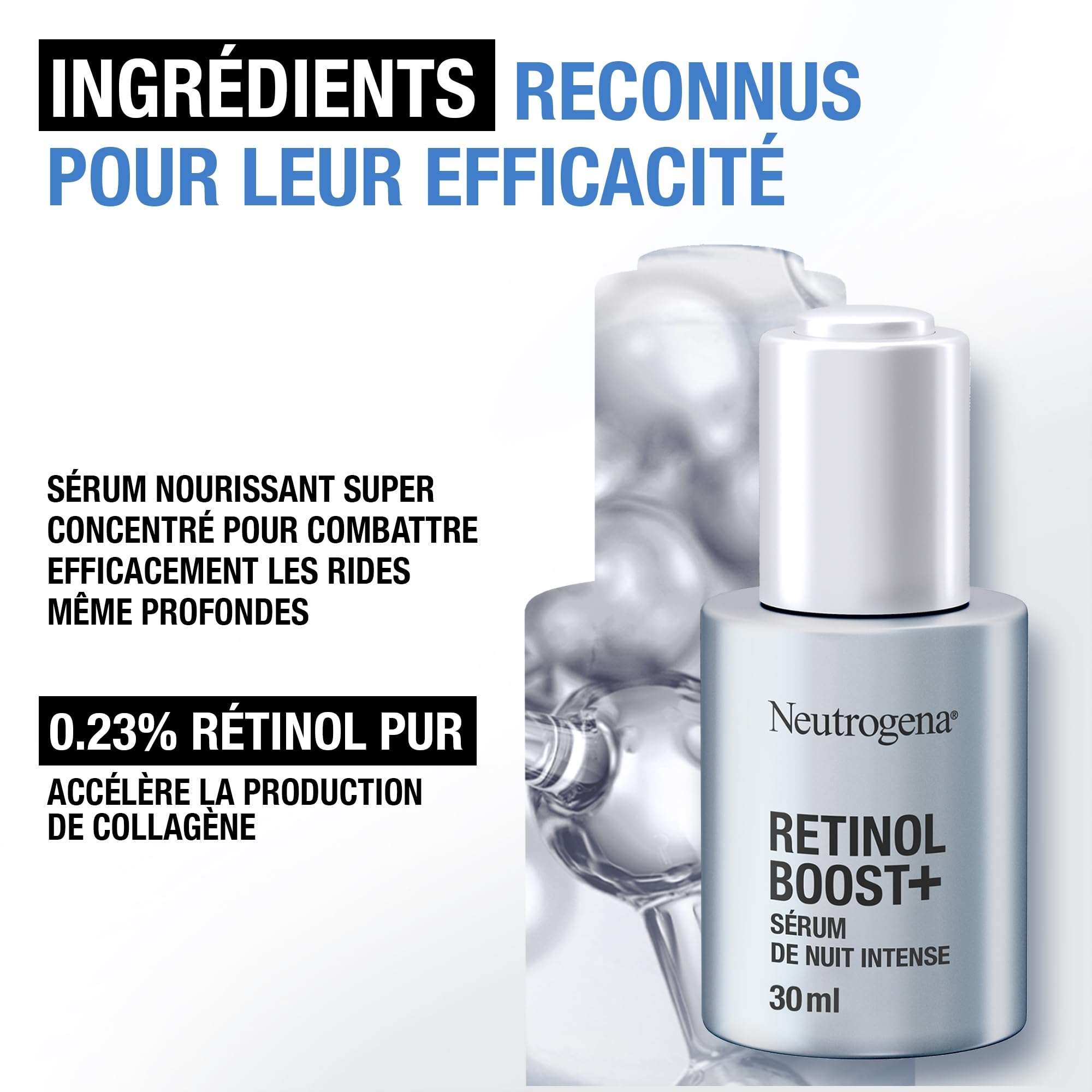 Neutrogena – Sérum de Nuit Intense Anti-Âge Retinol Boost+ (flacon de 30 ml avec pipette) – Sérum anti-âge nourrissant au rétinol – Soin du visage pour réduire l'apparence des rides même profondes