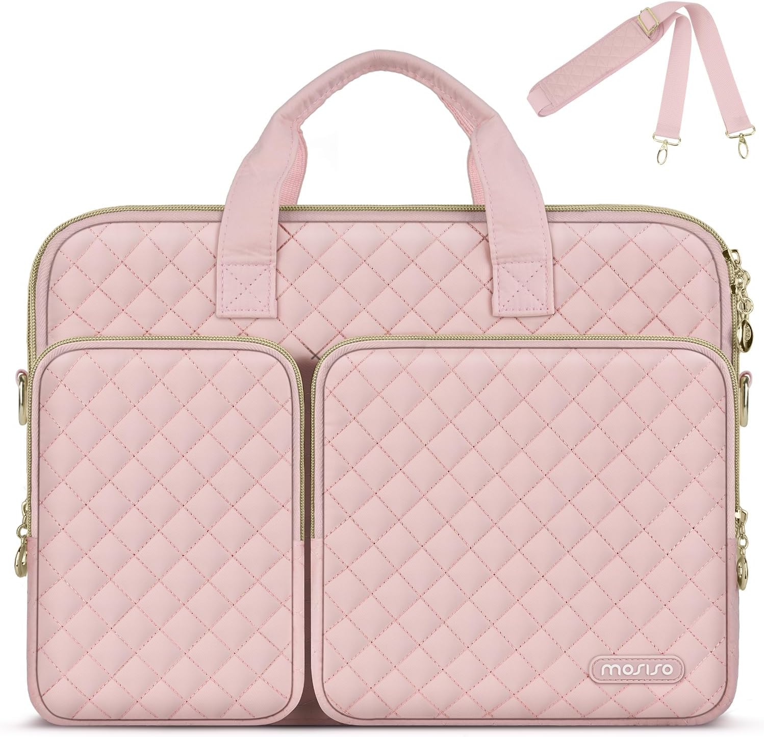MOSISO 360 Protective Laptop Case Bag with Strap, 15-16 inch Laptop Bags Compatible with MacBook Pro 16/Air 15, HP Acer Dell Lenovo ASUS, Quilted Laptop Shoulder Bag with Trolley Sleeve, Chalk Pink