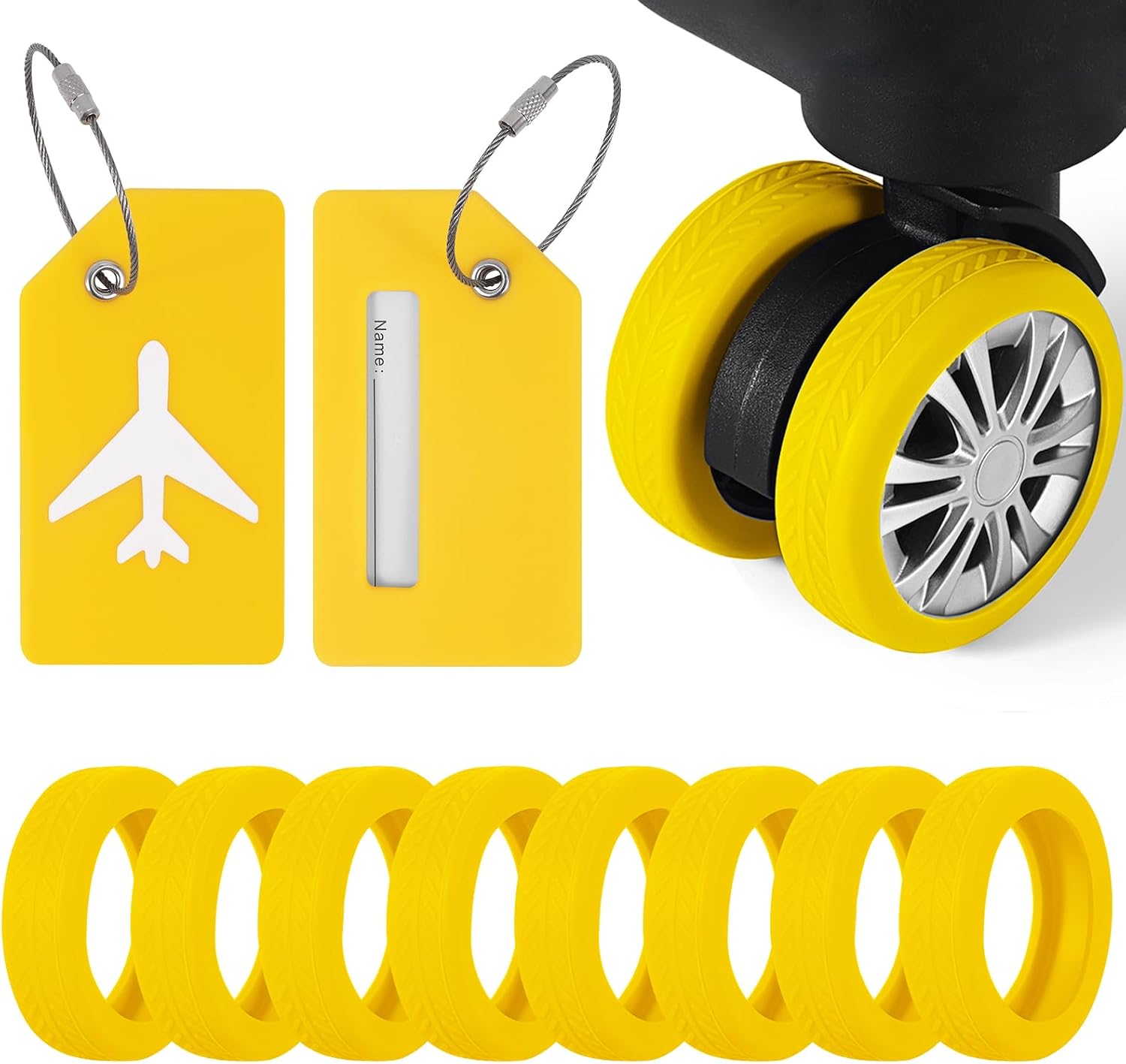 2 Pcs Silicone Luggage Tag for Suitcases with Stainless Loop, 8 Pcs Luggage Wheel Covers, Wear-Resistant, Anti-Noise, Silicone Luggage Wheel Protective Covers for 2-2.4" Spinner Wheel. (Blue)