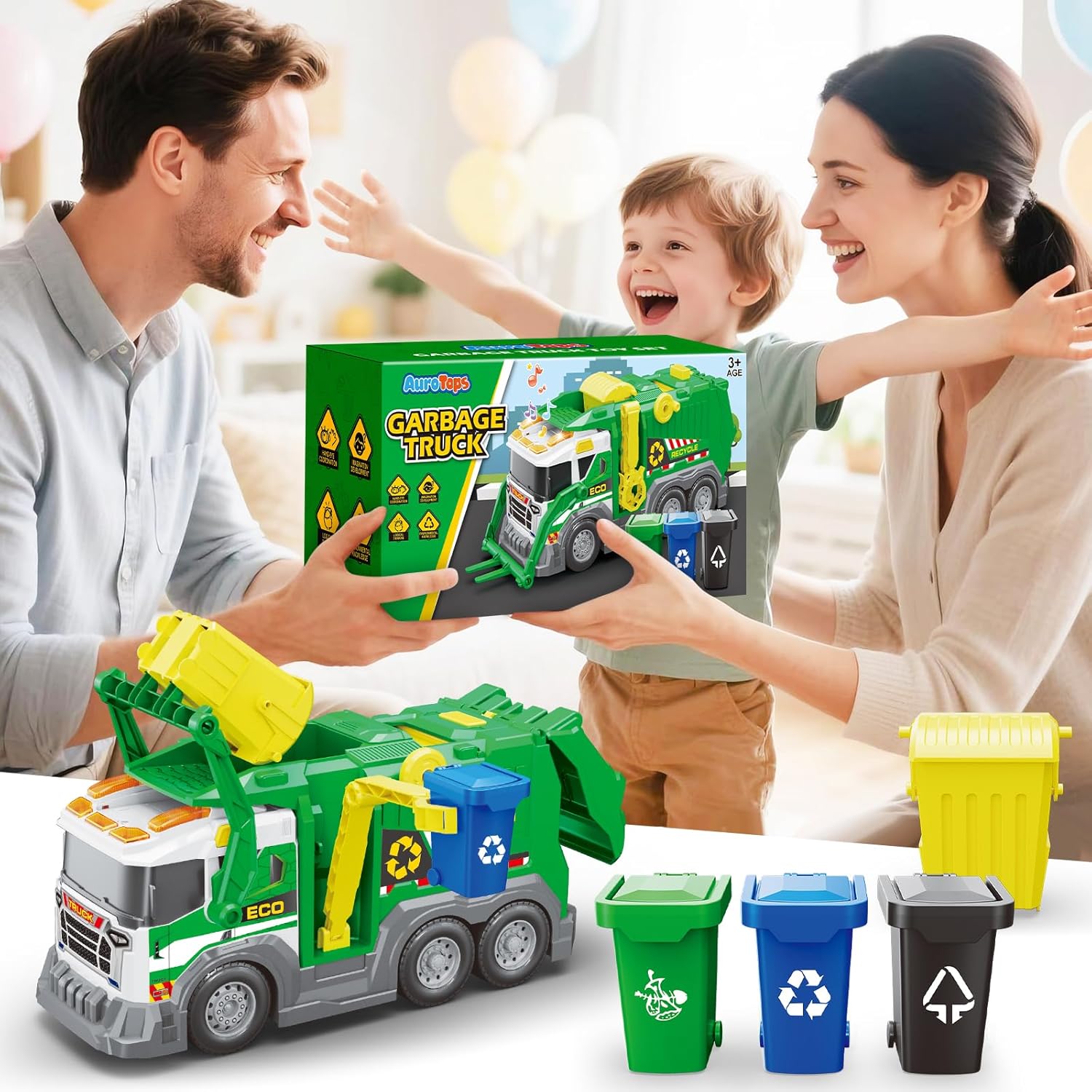 AuroTops Garbage Truck Toys for Kids 3 4 5 6 7 8 Years Old Boys Toy Trucks Set with Sound and Light,Toddlers Birthday Gifts for Boys & Girls Learning Toys,Includes 3 Trash Bins