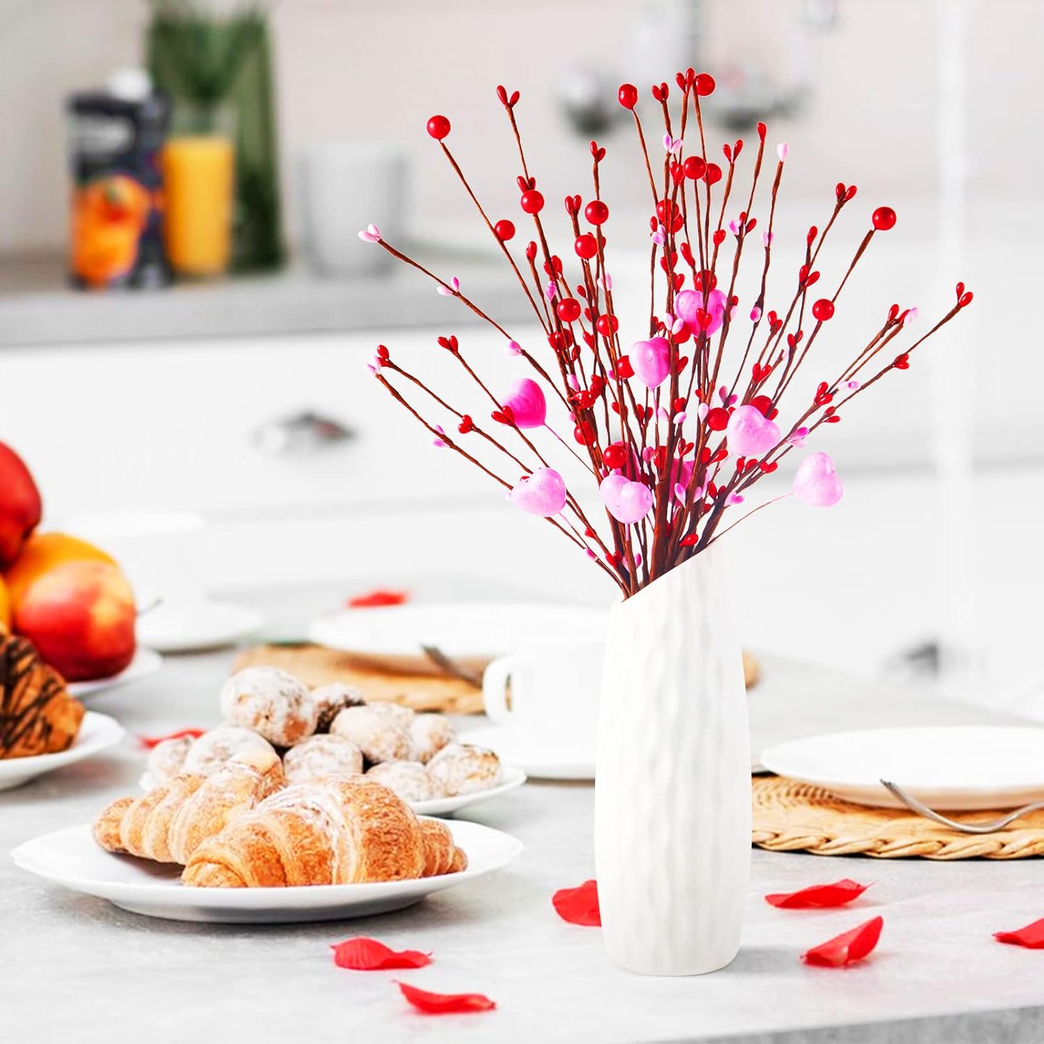 10 Pcs Valentine Artificial Plants Heart Berry Stems 16 Inch Artificial Flowers Twig Stem Heart Bunch Fake Floral Bunch Decorations for Valentine Irish Vase Bouquet and DIY Craft(Valentine Heart)